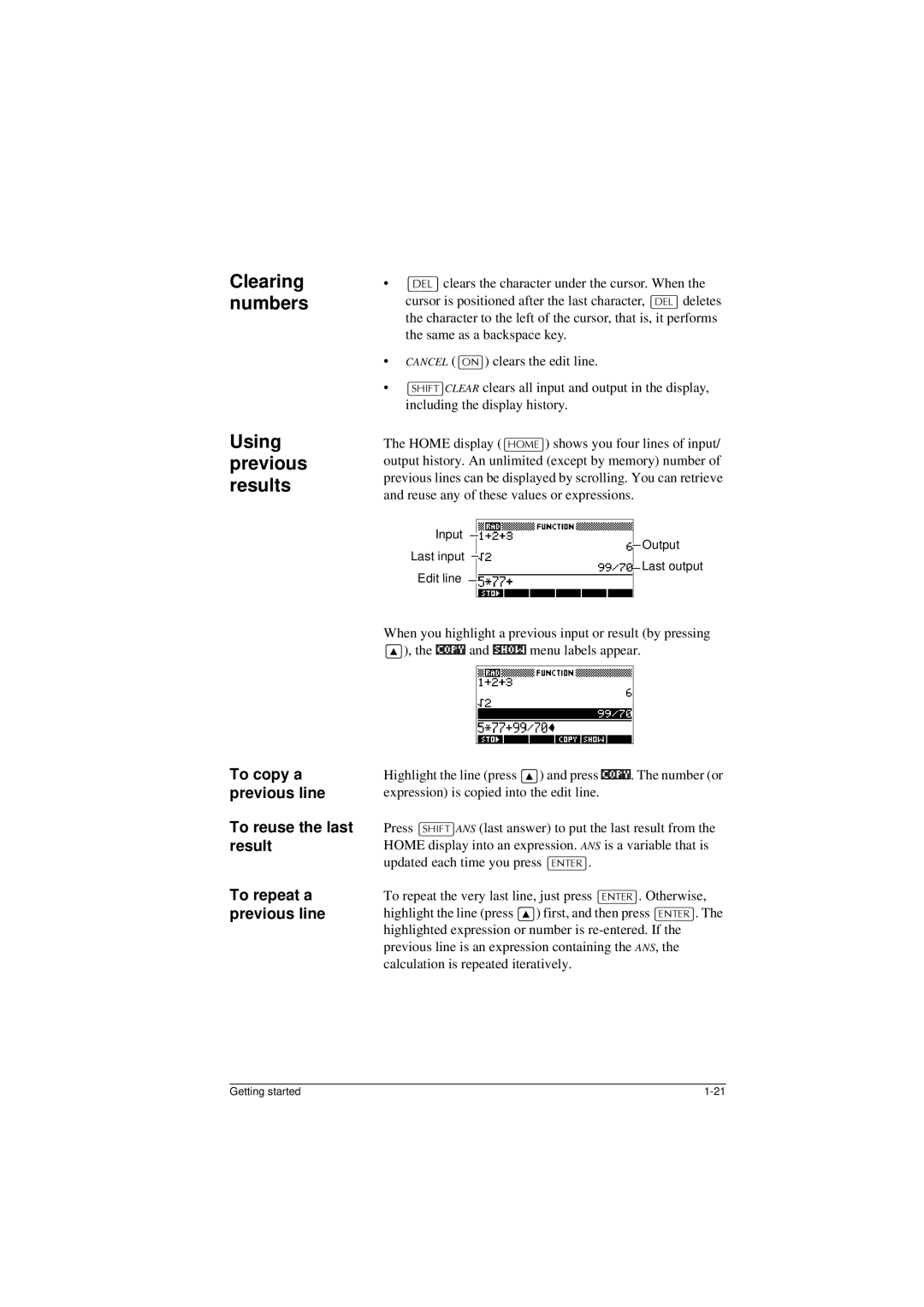 HP 40G manual Clearing numbers Using previous results 