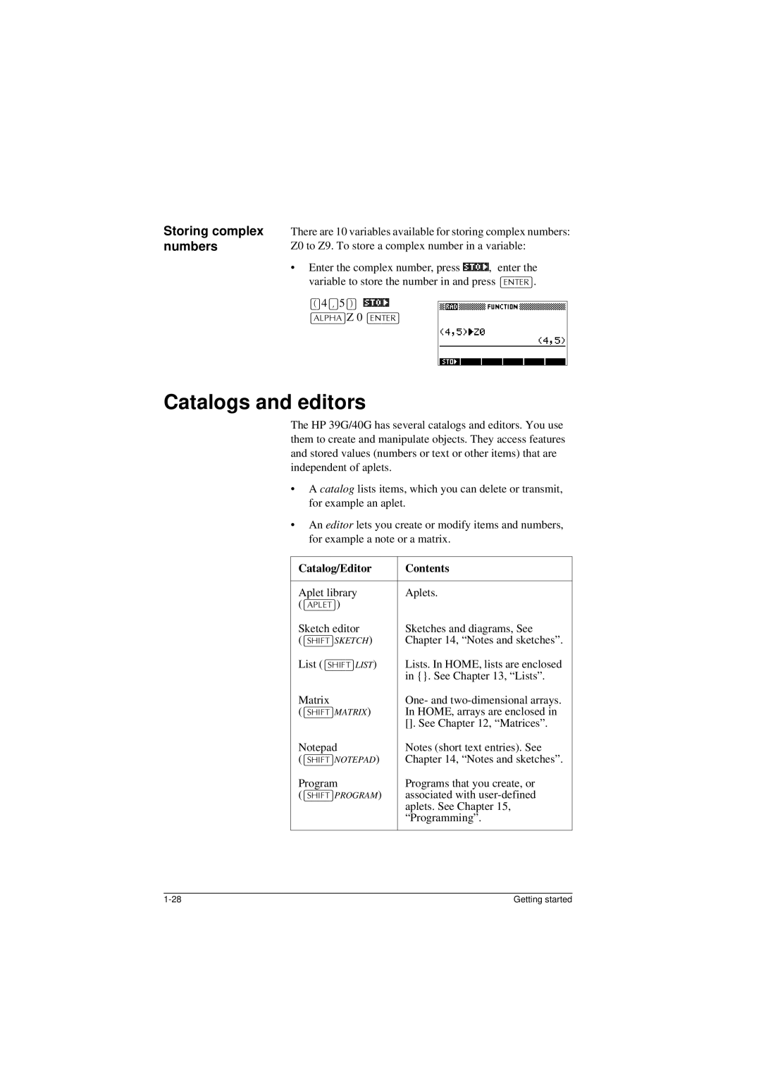 HP 40G manual Catalogs and editors, Storing complex numbers, Catalog/Editor Contents 