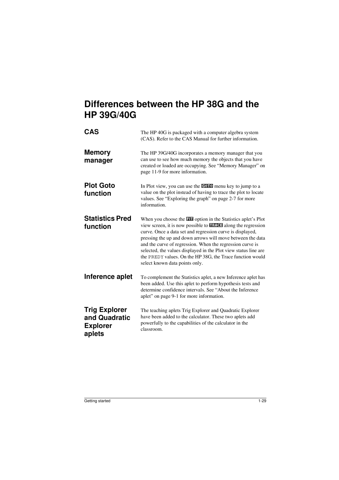 HP manual Differences between the HP 38G and the HP 39G/40G, Memory manager Plot Goto function, Statistics Pred function 