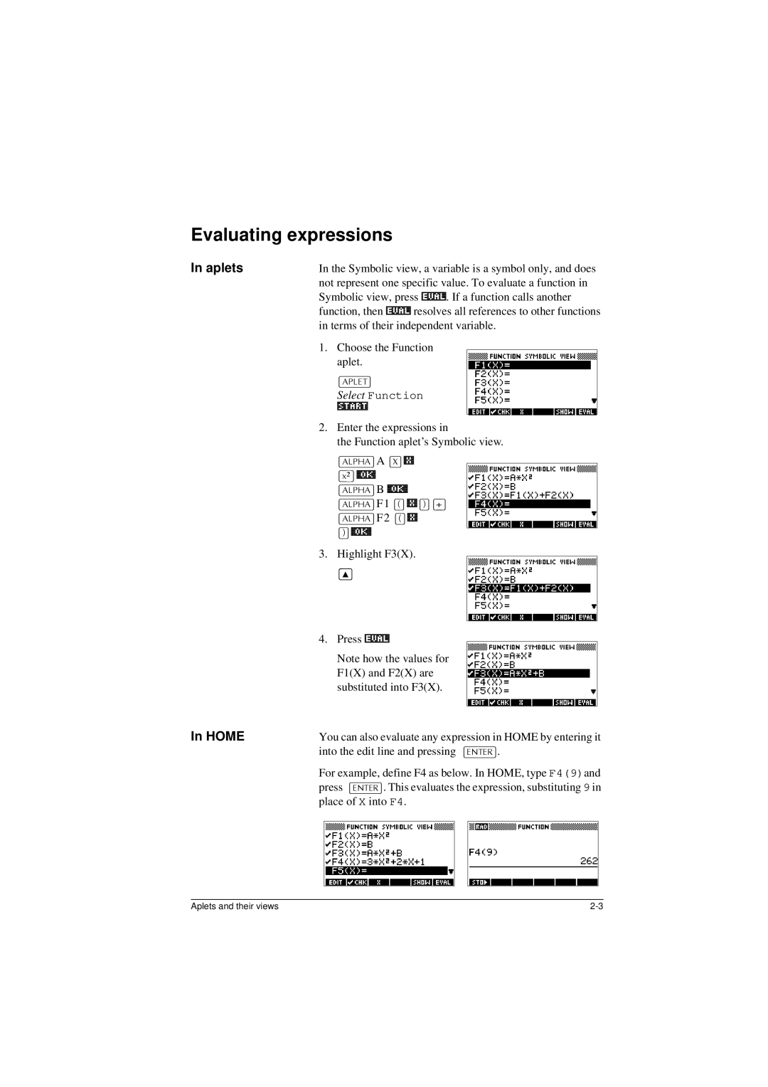 HP 40G manual Evaluating expressions, Aplets, Home 