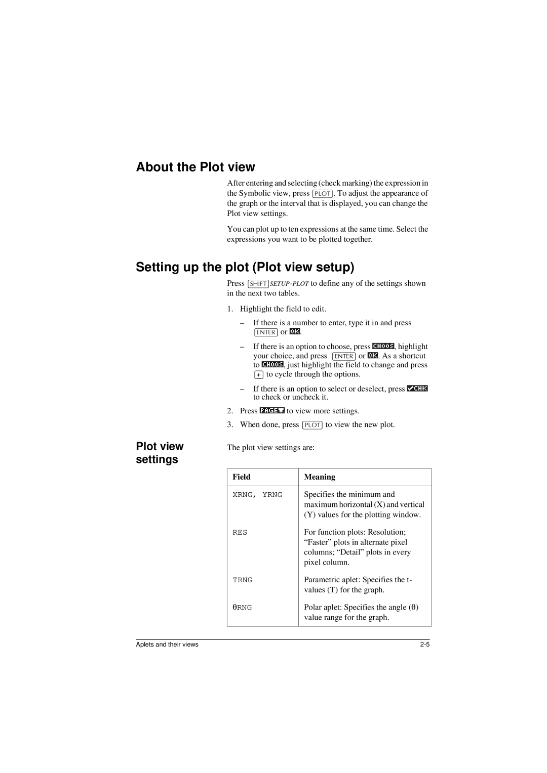 HP 40G manual About the Plot view, Setting up the plot Plot view setup, Plot view settings, 175@ or, Field Meaning 