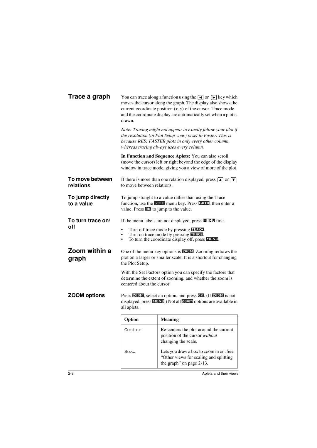 HP 40G Trace a graph, Zoom within a graph, To jump directly to a value To turn trace on/ off, Zoom options, Option Meaning 