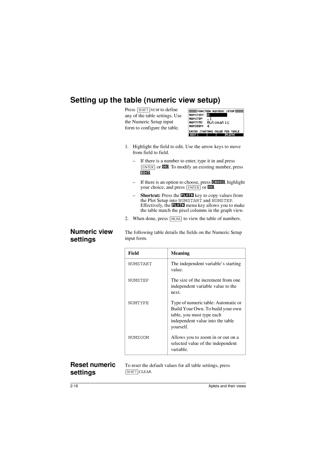 HP 40G manual Setting up the table numeric view setup, Numeric view settings, Reset numeric settings 