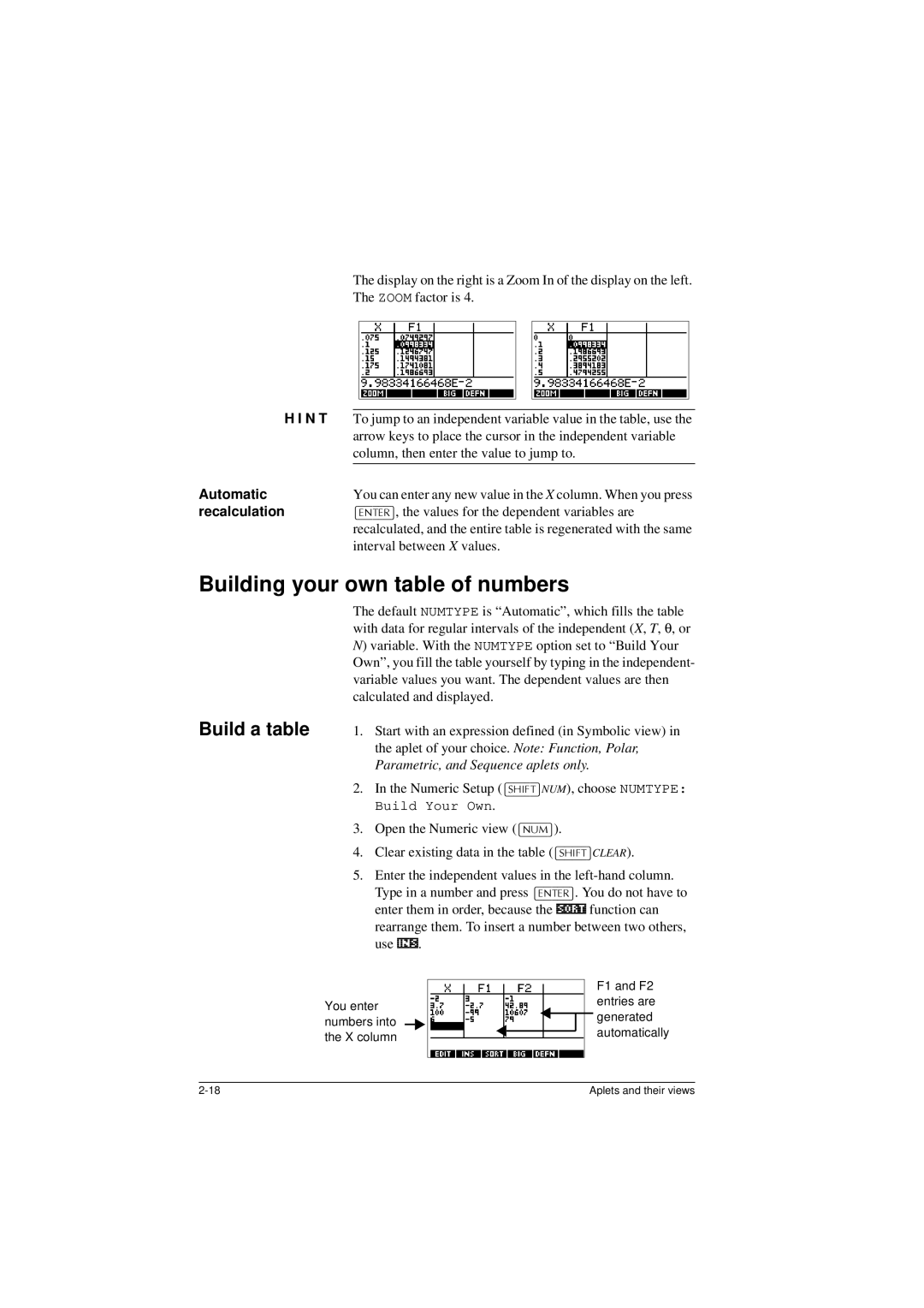 HP 40G manual Building your own table of numbers, Arrow keys to place the cursor in the independent variable 