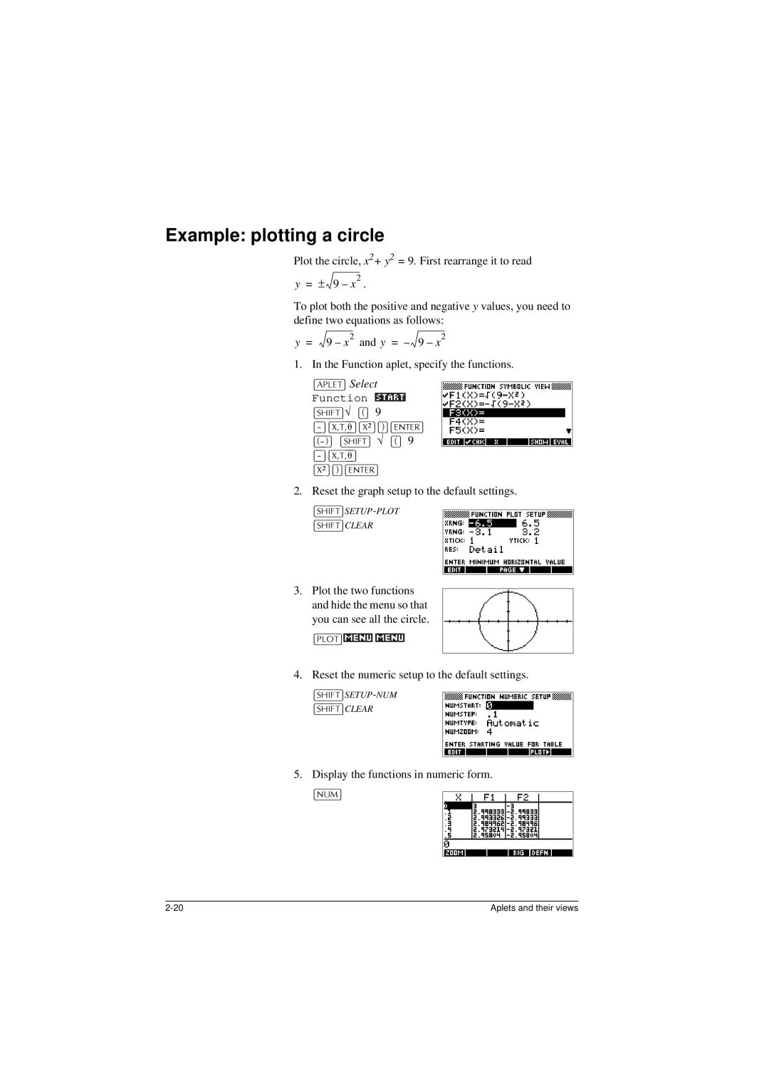 HP 40G manual Example plotting a circle, $3/7@ Select, +,7@√@9 