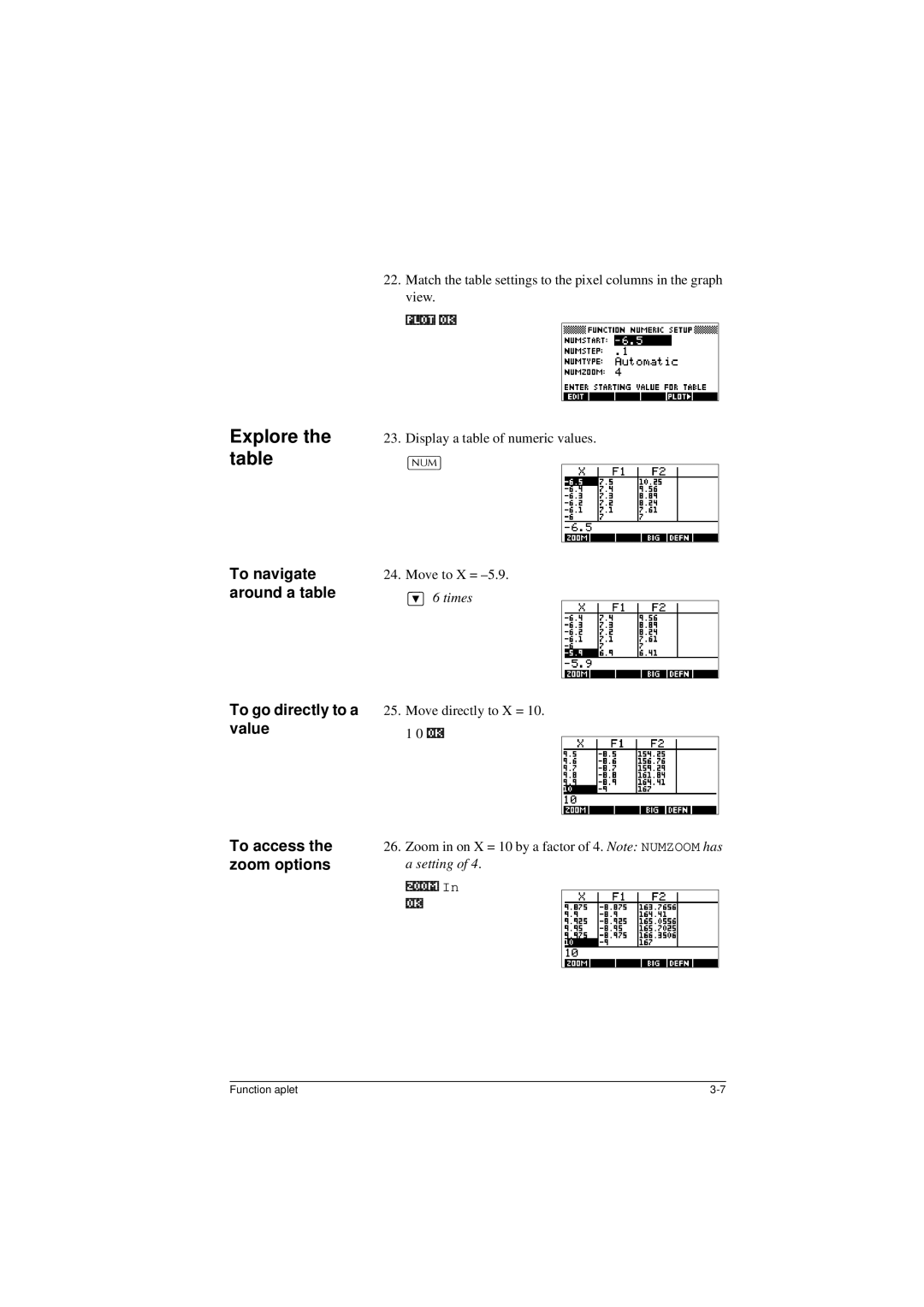 HP 40G Explore the table, Match the table settings to the pixel columns in the graph, Display a table of numeric values 