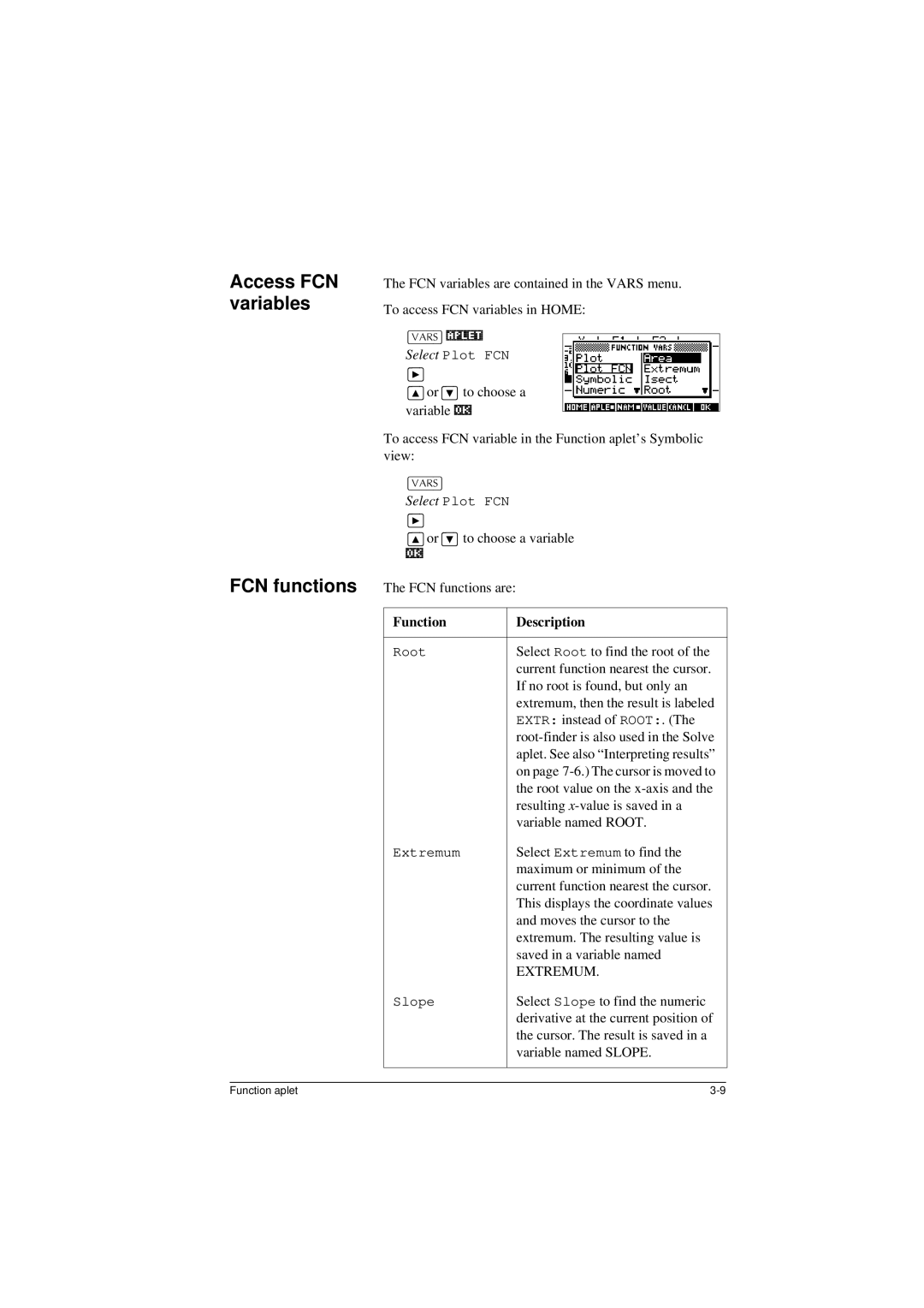 HP 40G manual Access FCN variables FCN functions, Function Description 