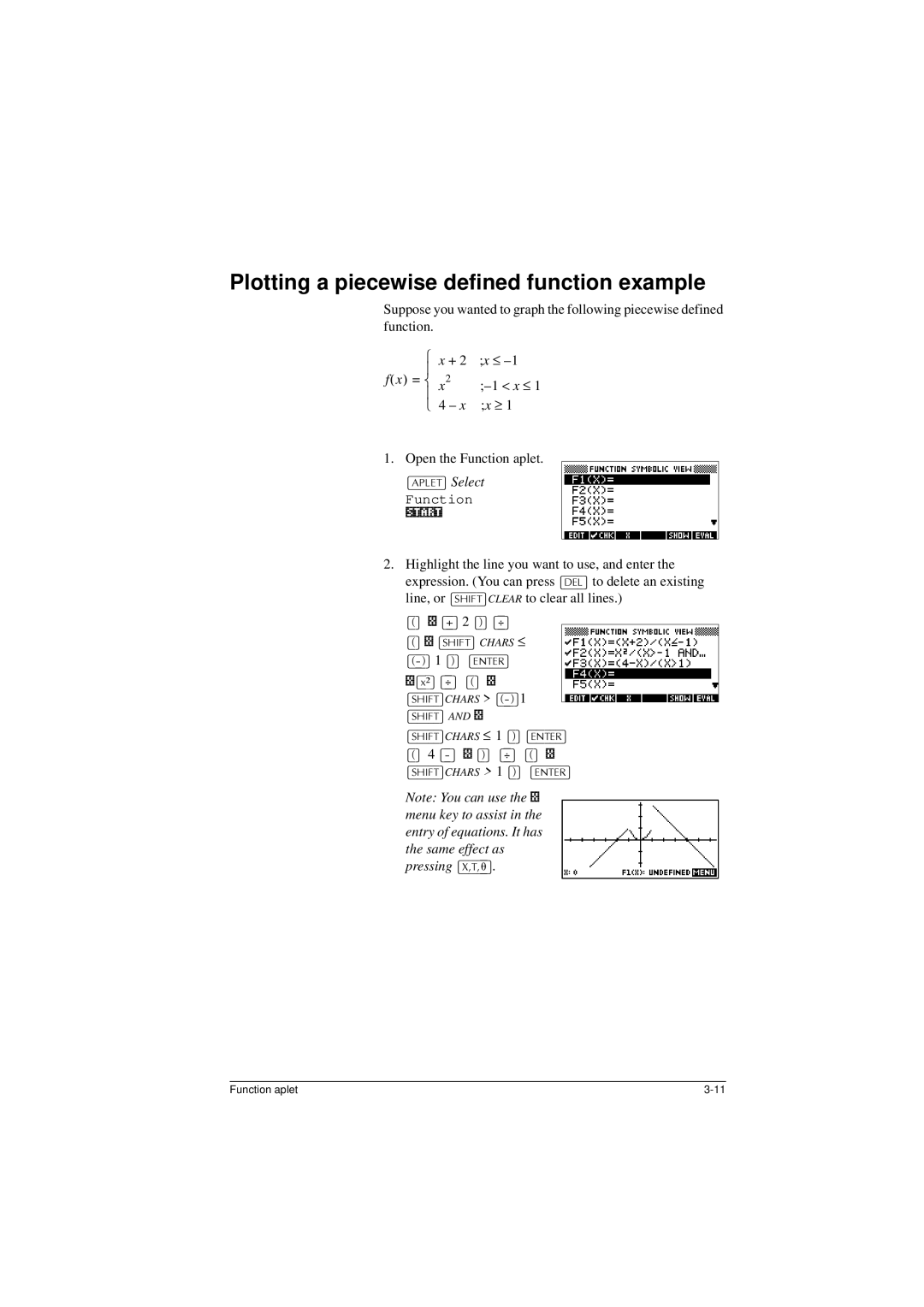 HP 40G manual Plotting a piecewise defined function example, = , $3/ @ Select 