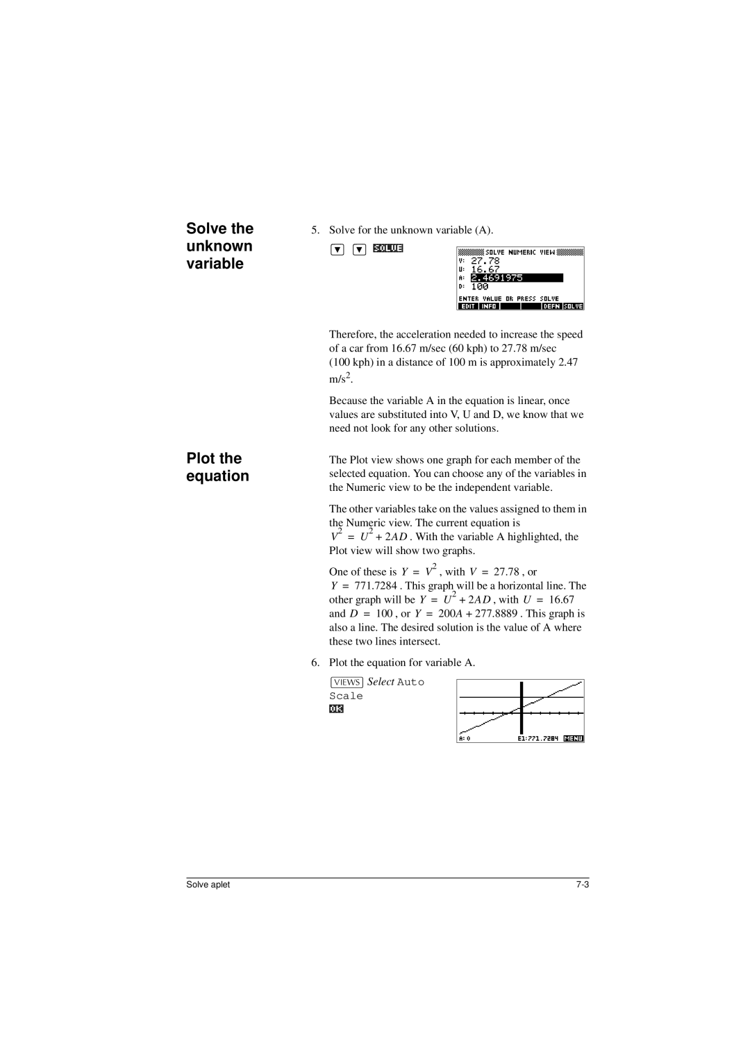 HP 40G manual Solve the unknown variable Plot the equation, Solve for the unknown variable a, @ Select Auto 