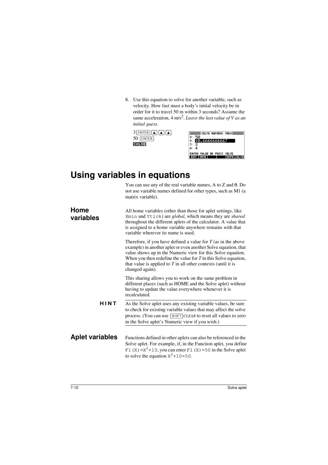 HP 40G manual Using variables in equations, Home variables, Initial guess, 3175@*k,*k,*k 