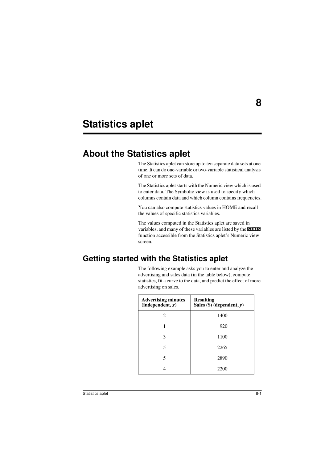 HP 40G manual About the Statistics aplet, Getting started with the Statistics aplet, 1400 920 1100 2265 2890 2200 