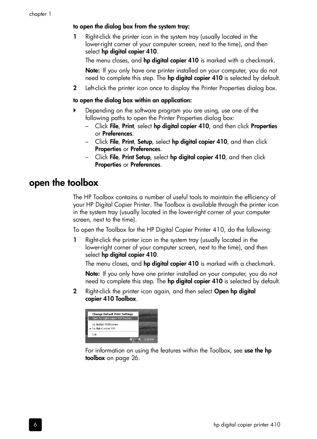 HP 410 Copier manual Open the toolbox 