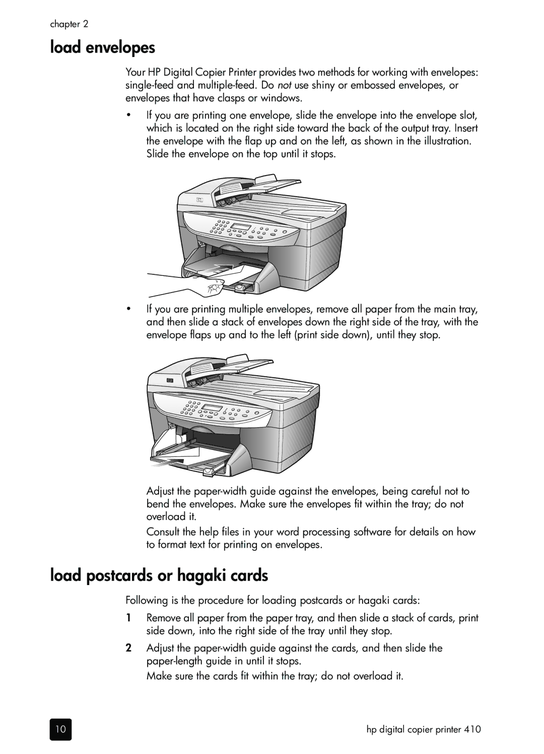 HP 410 Copier manual Load envelopes, Load postcards or hagaki cards, Slide the envelope on the top until it stops 