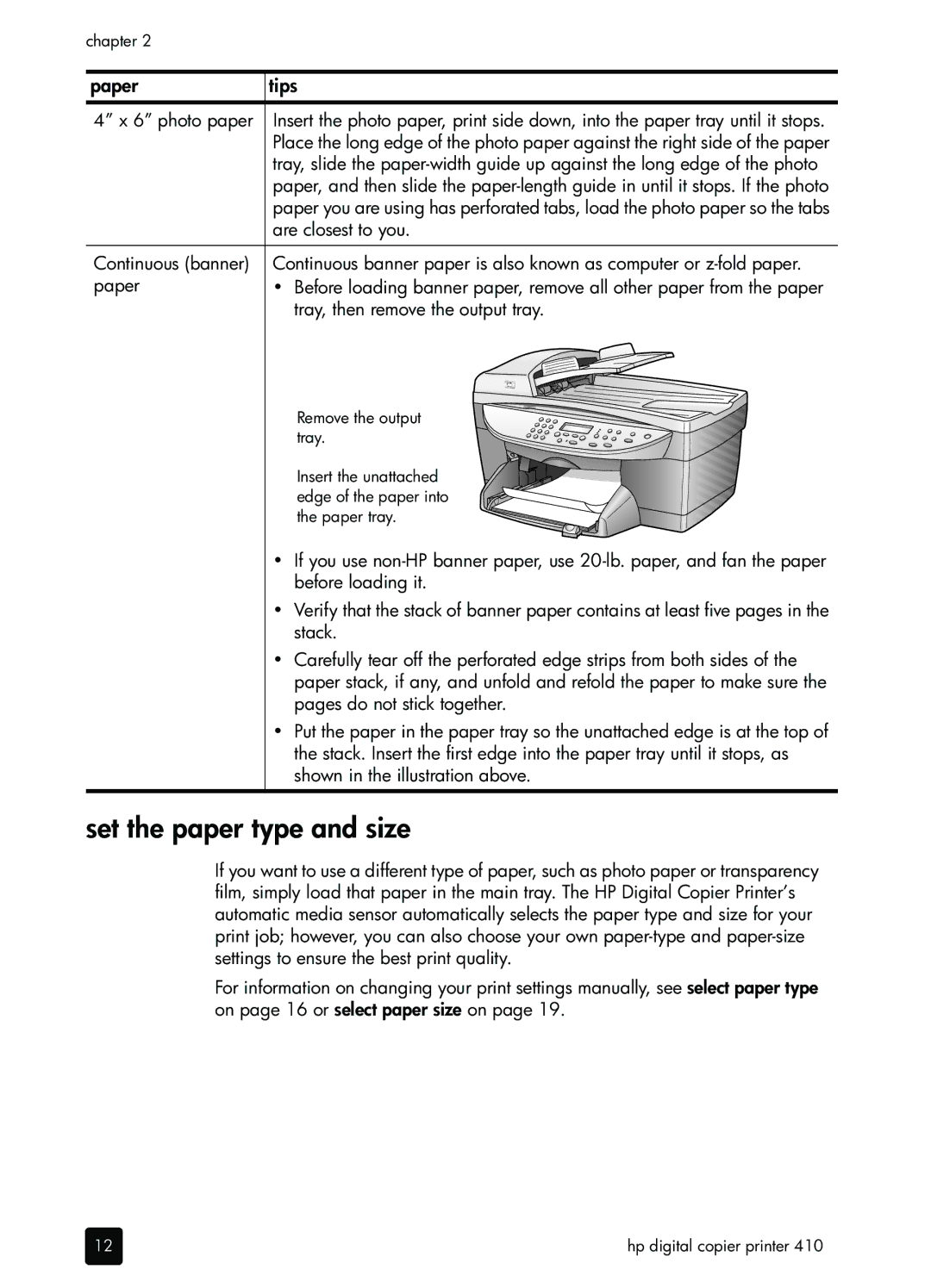 HP 410 Copier manual Set the paper type and size, photo paper, Are closest to you 