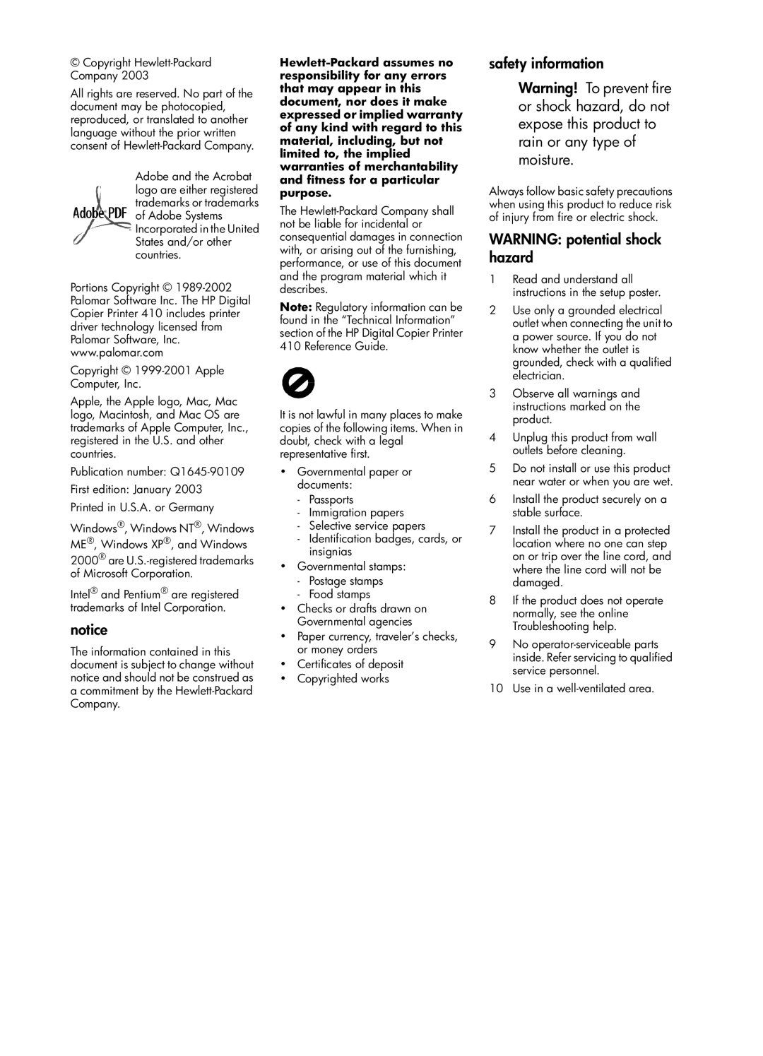 HP 410 Copier manual Safety information 