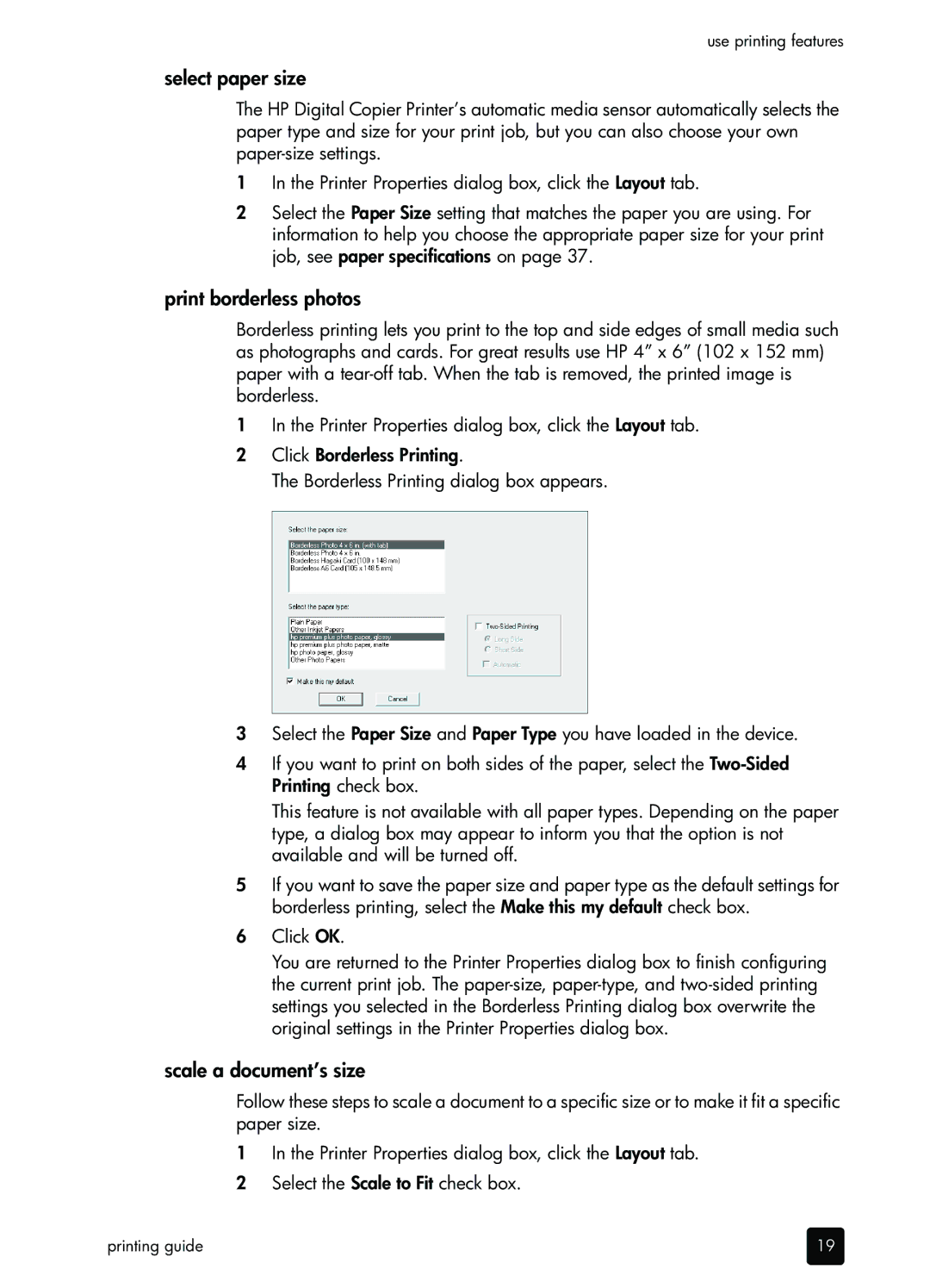 HP 410 Copier manual Select paper size, Print borderless photos, Scale a document’s size 