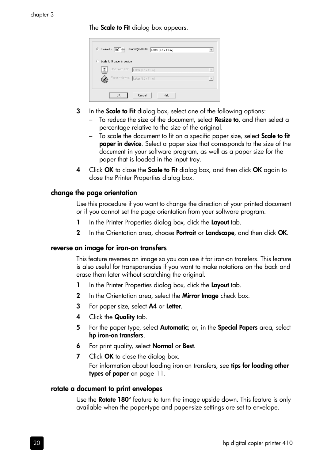 HP 410 Copier Change the page orientation, Reverse an image for iron-on transfers, Rotate a document to print envelopes 