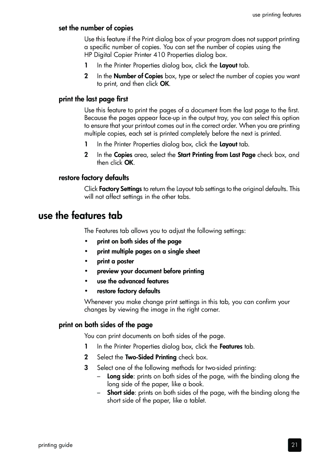 HP 410 Copier manual Use the features tab, Set the number of copies, Print the last page first, Print on both sides 