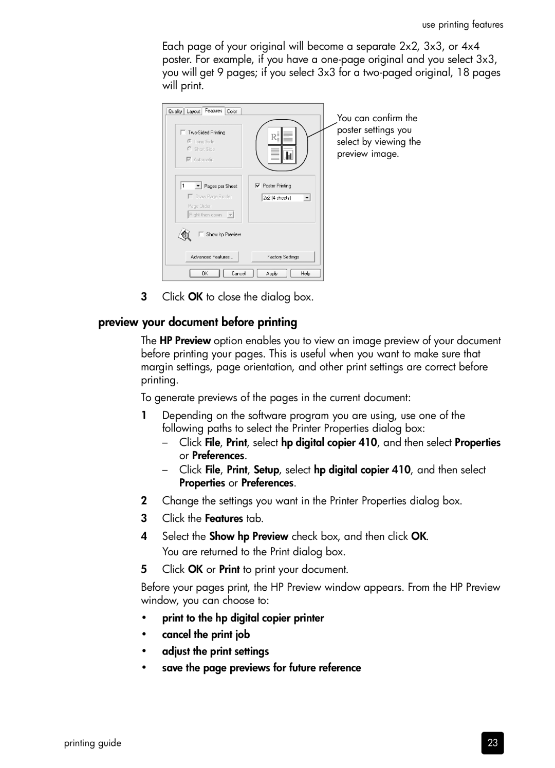 HP 410 Copier manual Preview your document before printing 