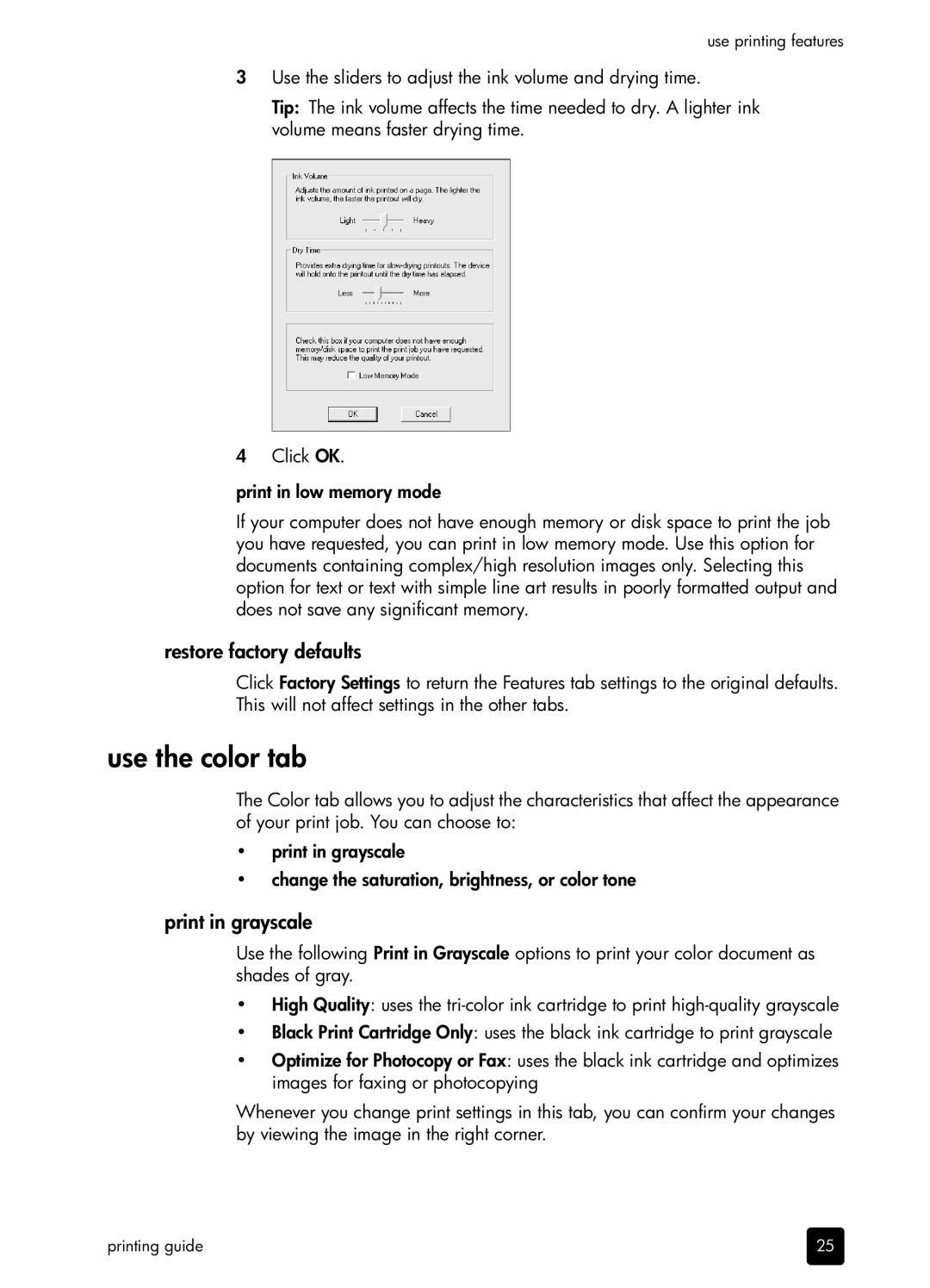 HP 410 Copier manual Use the color tab, Print in grayscale 