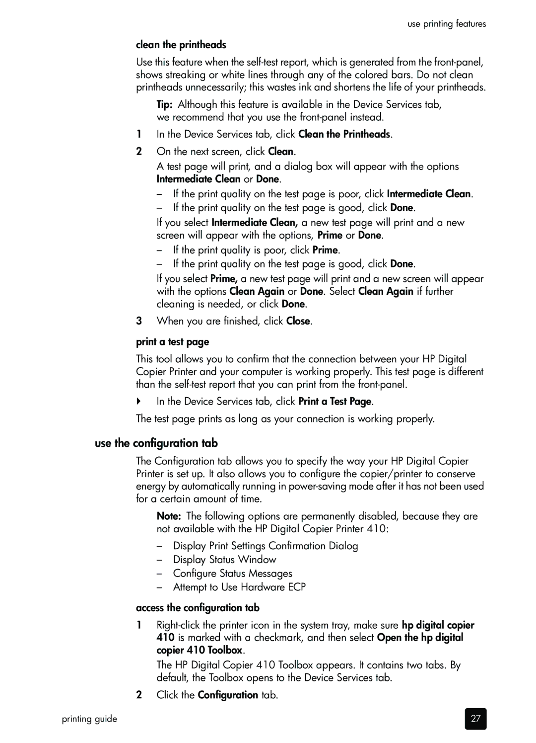 HP 410 Copier manual Use the configuration tab, Clean the printheads 