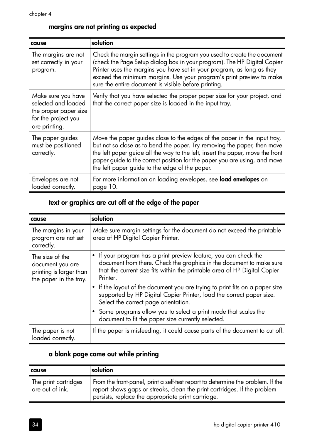 HP 410 Copier Margins are not printing as expected Cause Solution, Text or graphics are cut off at the edge of the paper 