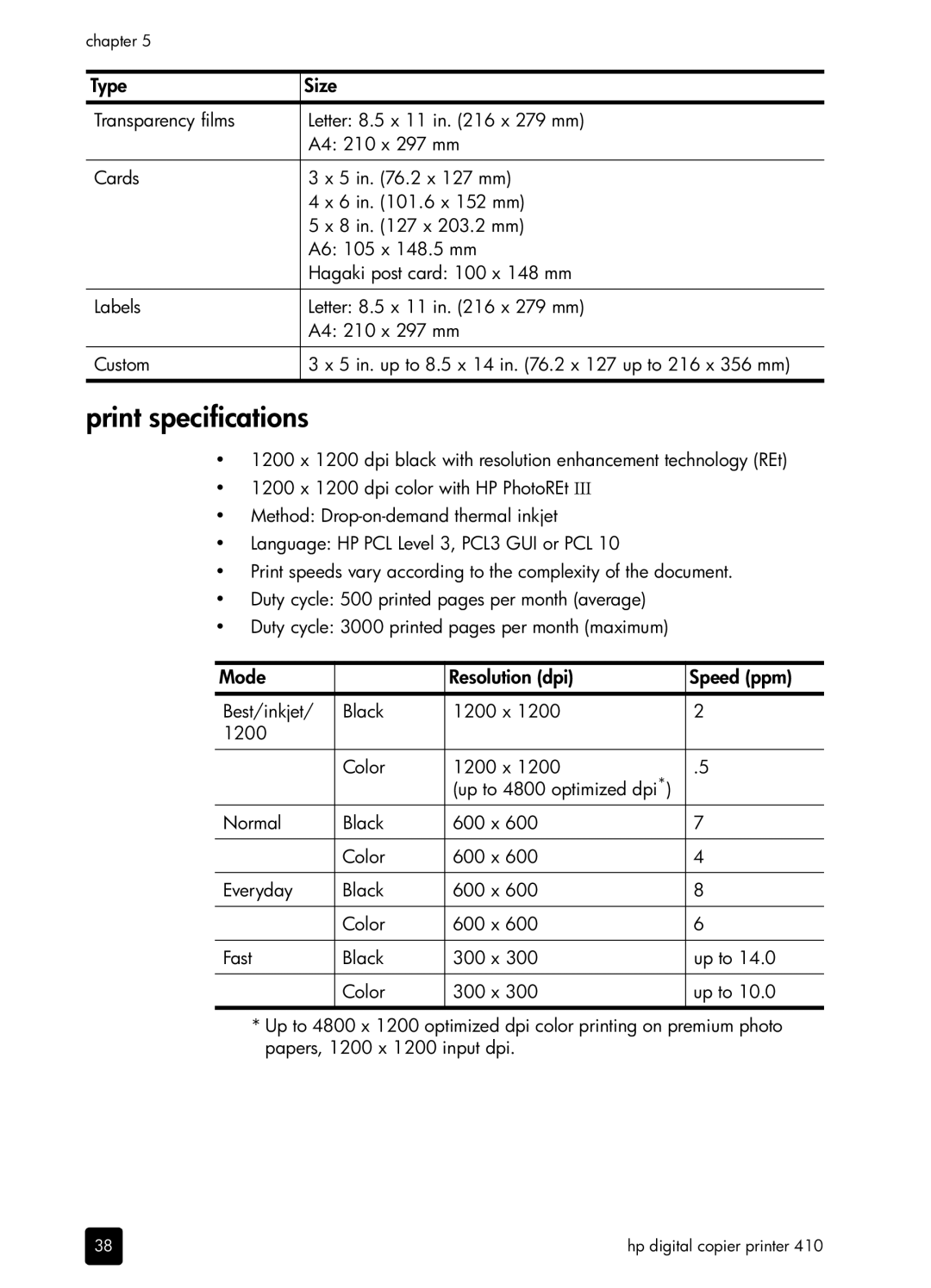 HP 410 Copier manual Print specifications, Type Size, Mode Resolution dpi Speed ppm 