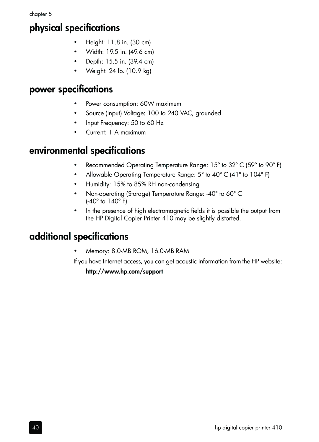 HP 410 Copier manual Physical specifications, Power specifications, Environmental specifications, Additional specifications 