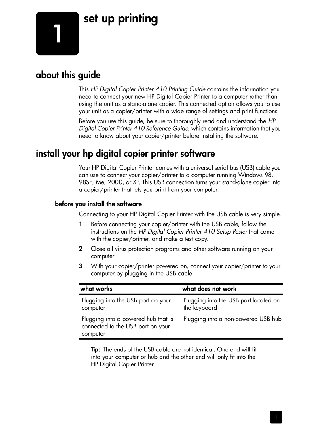 HP 410 Copier manual Set up printing, About this guide, Install your hp digital copier printer software 