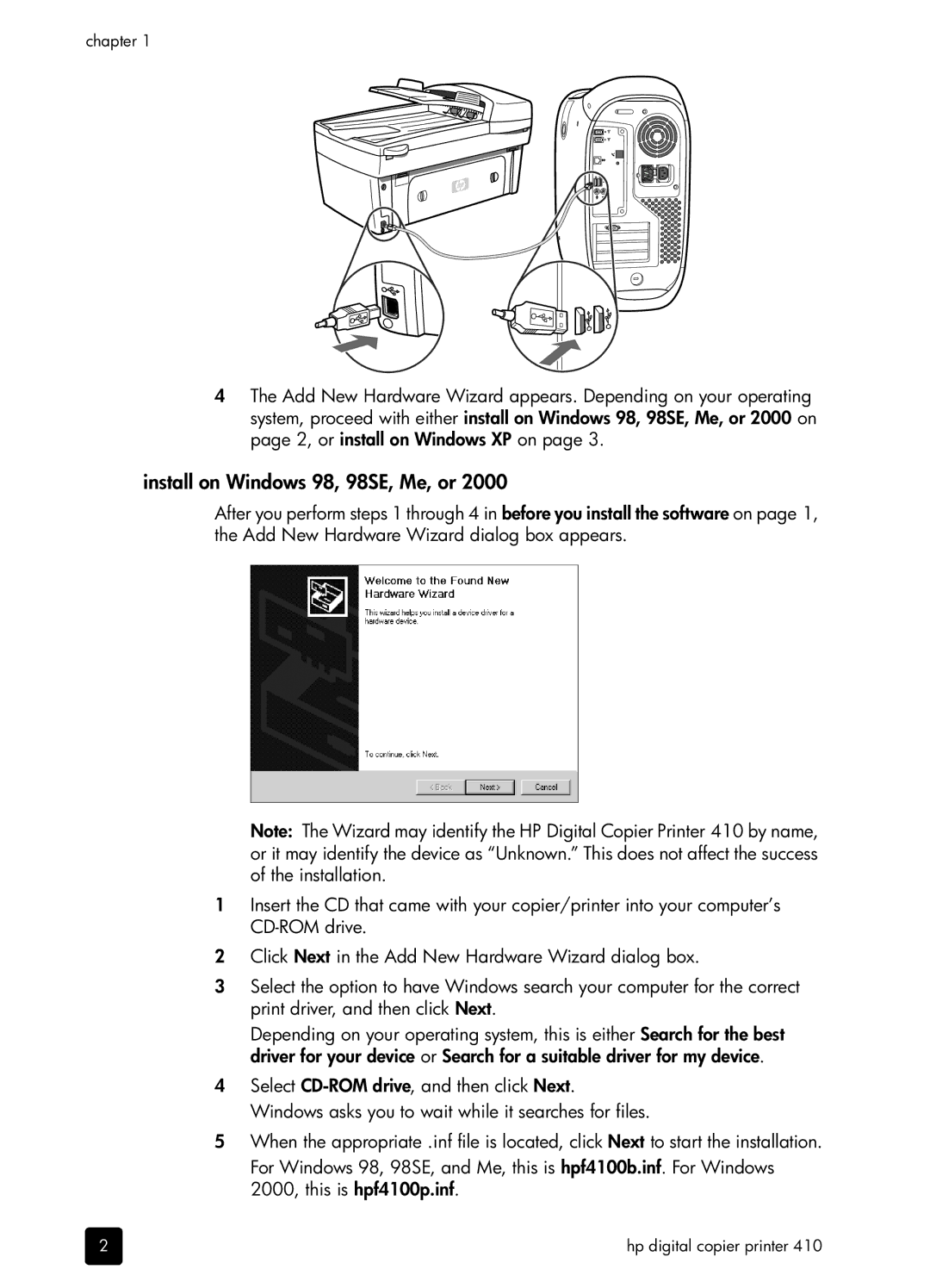 HP 410 Copier manual Install on Windows 98, 98SE, Me, or 