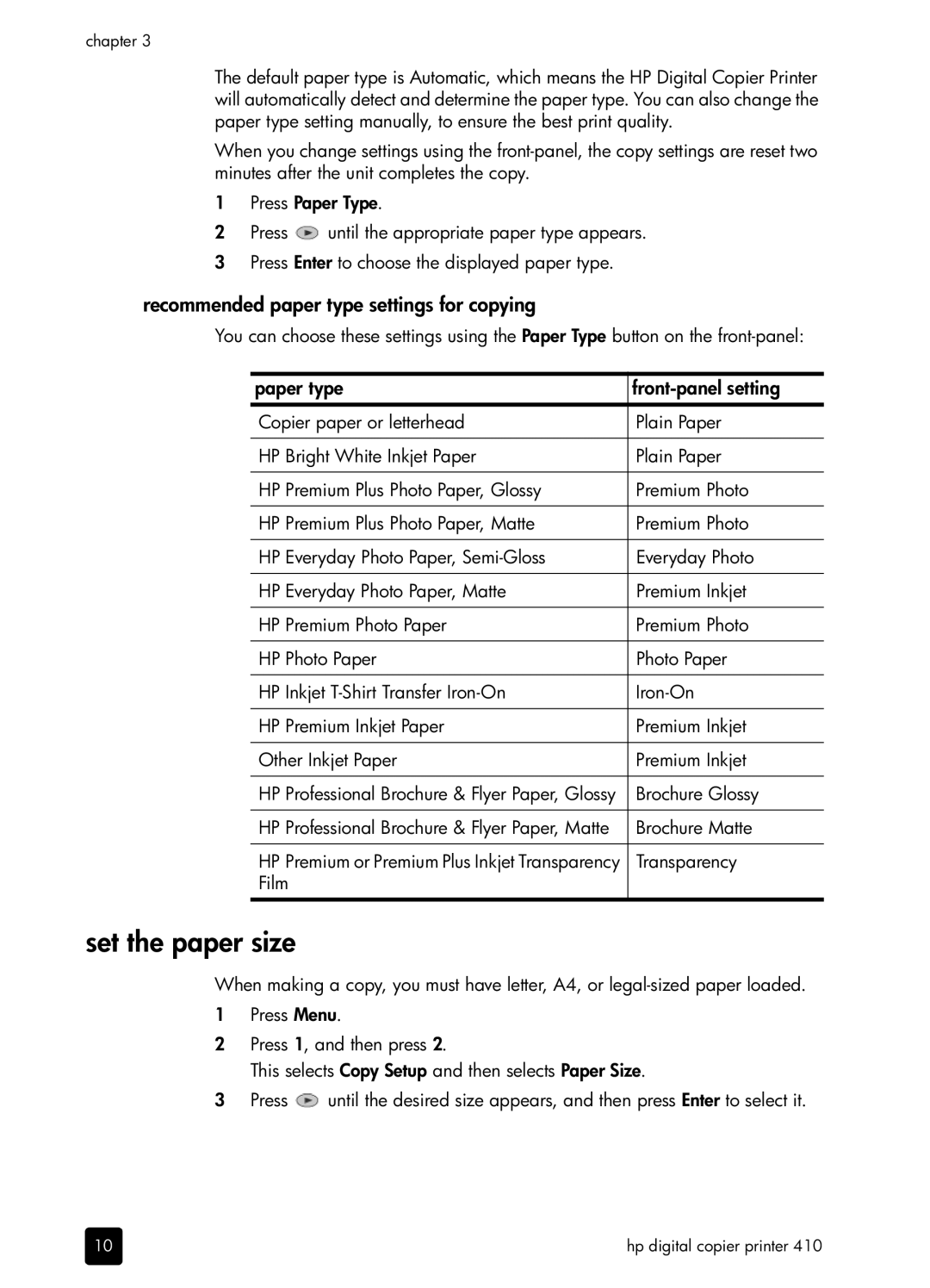 HP 410 Copier manual Set the paper size, Recommended paper type settings for copying, Paper type Front-panel setting 