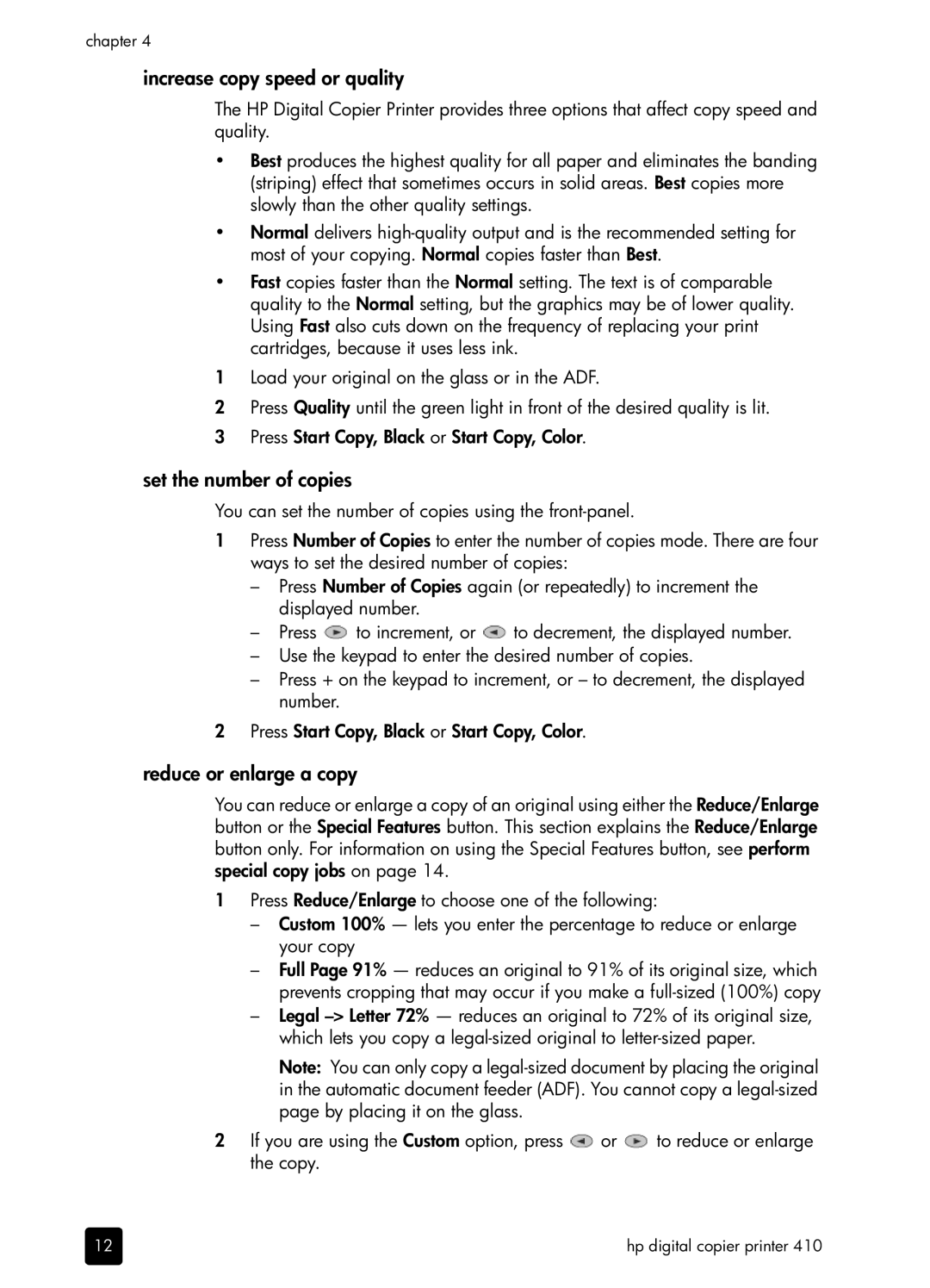 HP 410 Copier manual Increase copy speed or quality, Set the number of copies, Reduce or enlarge a copy 