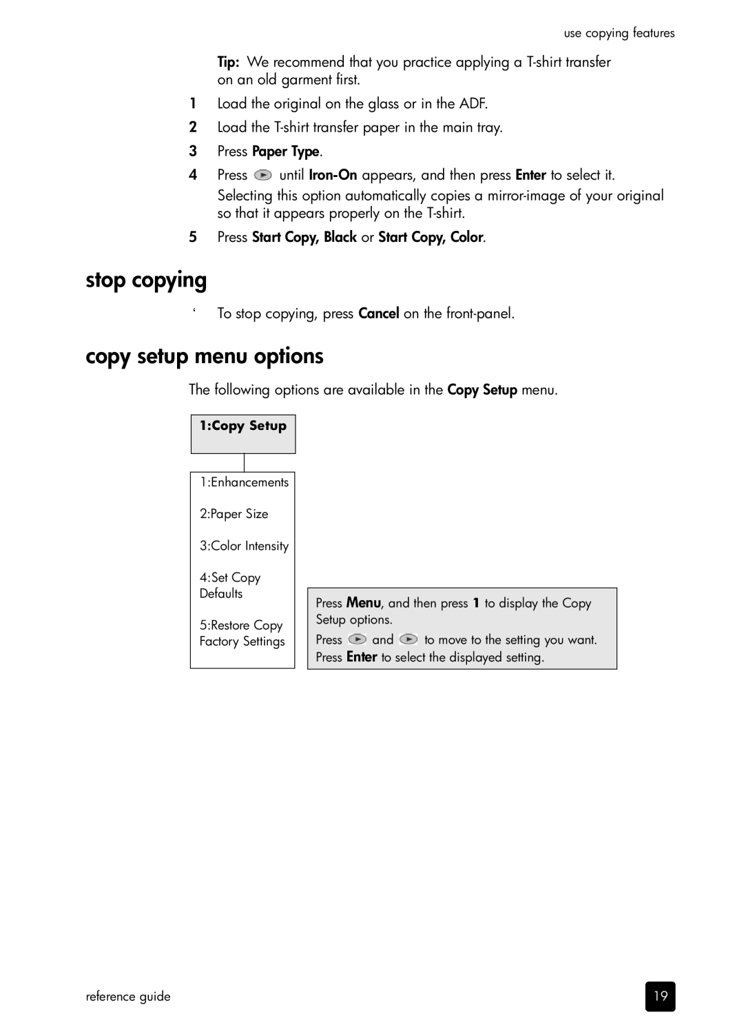 HP 410 Copier manual Stop copying, Copy setup menu options, ` To stop copying, press Cancel on the front-panel 