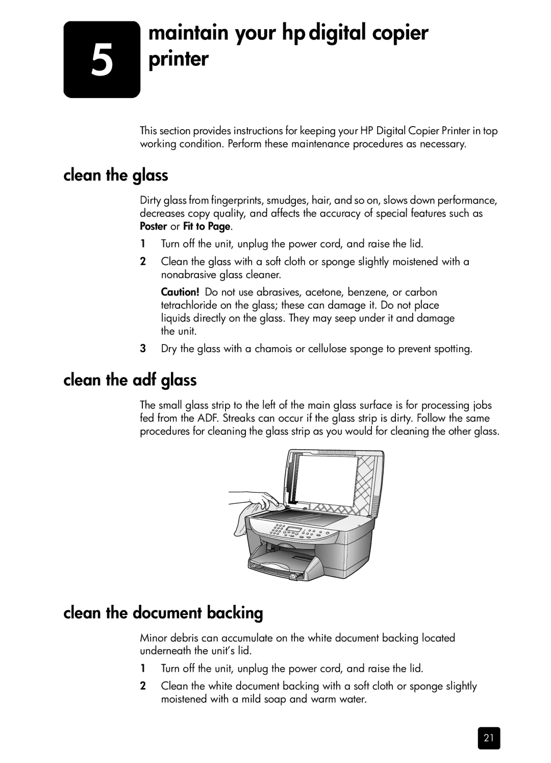 HP 410 Copier Maintain your hp digital copier Printer, Clean the glass, Clean the adf glass, Clean the document backing 