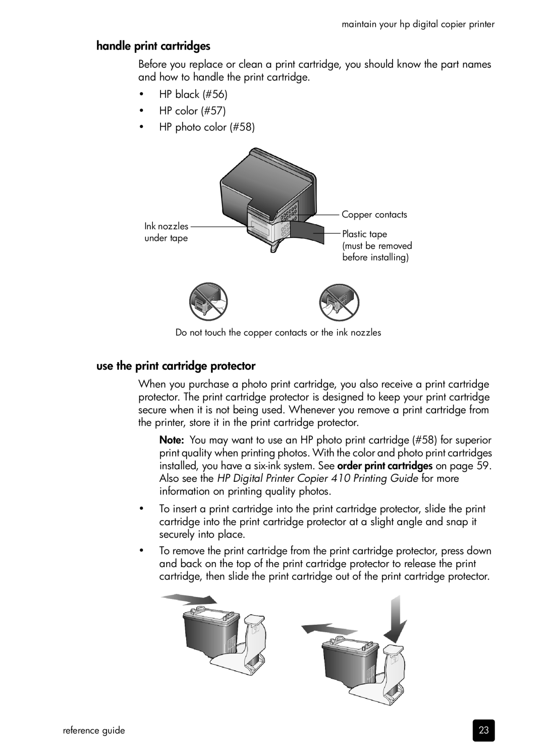 HP 410 Copier manual Handle print cartridges, Use the print cartridge protector 