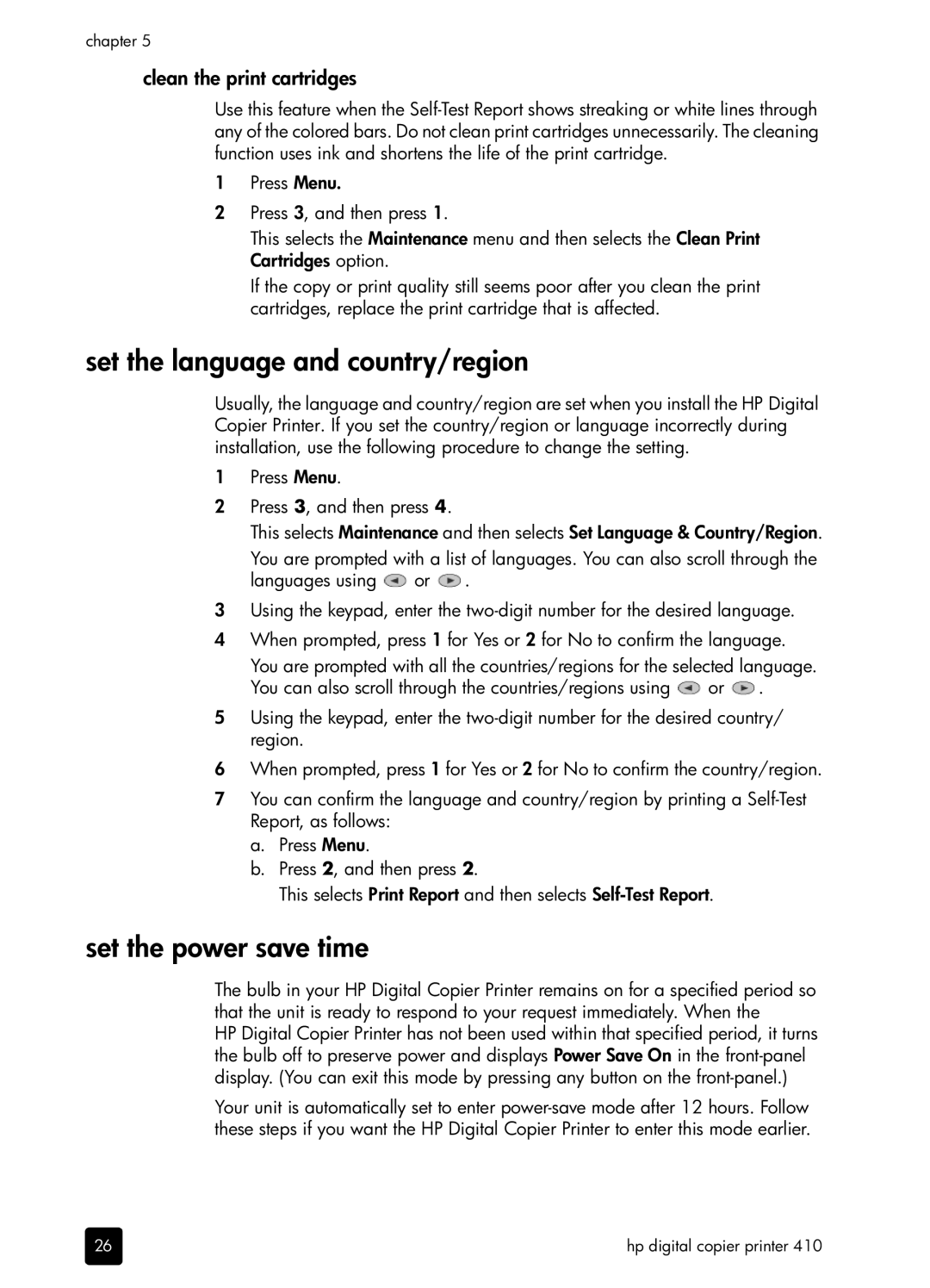 HP 410 Copier manual Set the language and country/region, Set the power save time, Clean the print cartridges 