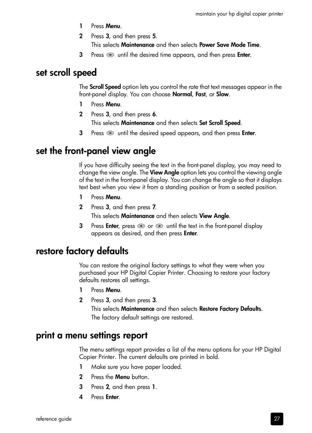 HP 410 Copier Set scroll speed, Set the front-panel view angle, Restore factory defaults, Print a menu settings report 