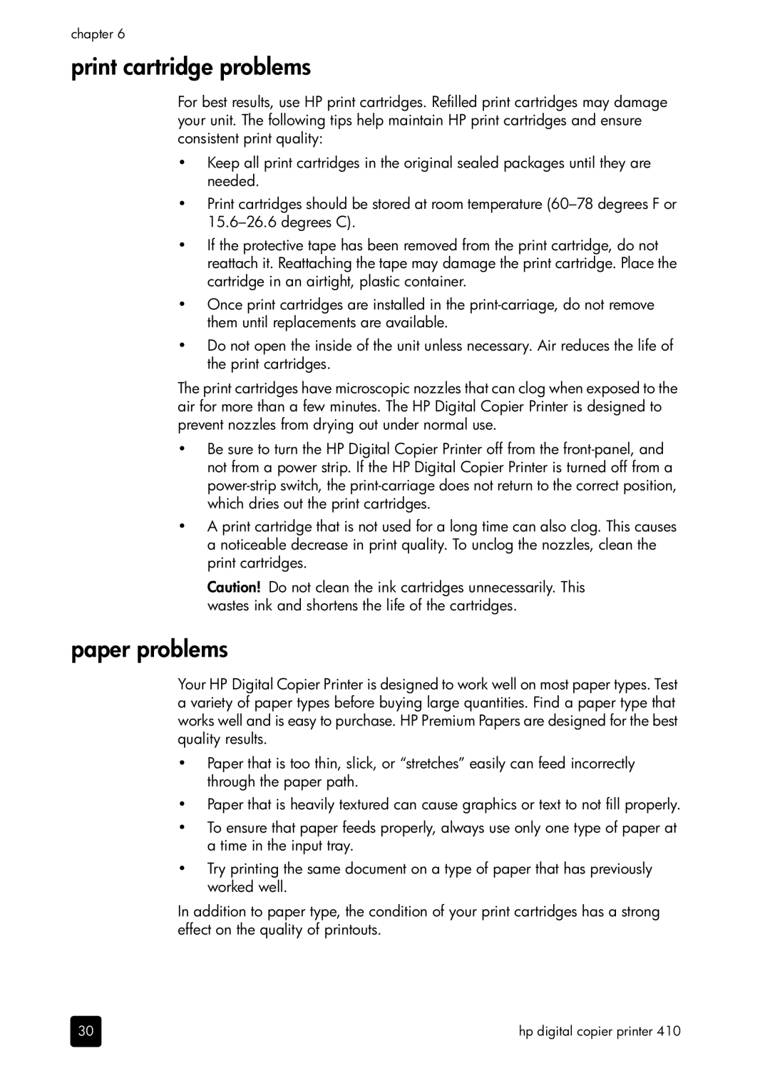 HP 410 Copier manual Print cartridge problems, Paper problems 