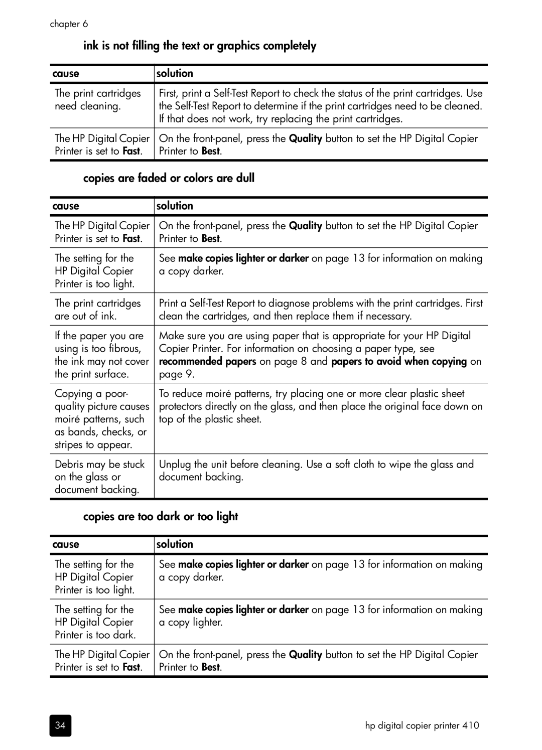 HP 410 Copier manual Copies are faded or colors are dull, Copies are too dark or too light 