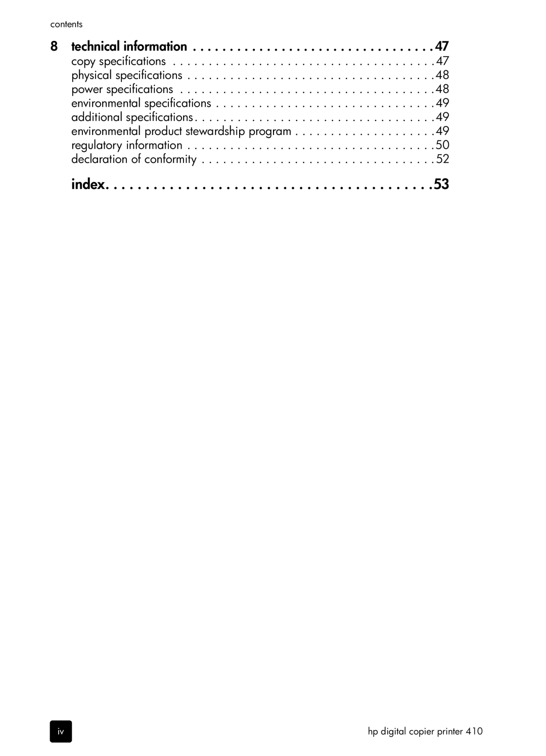 HP 410 Copier manual Index 