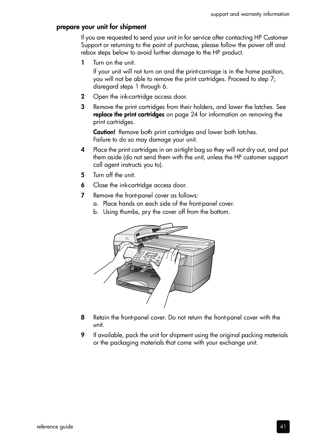 HP 410 Copier manual Prepare your unit for shipment 