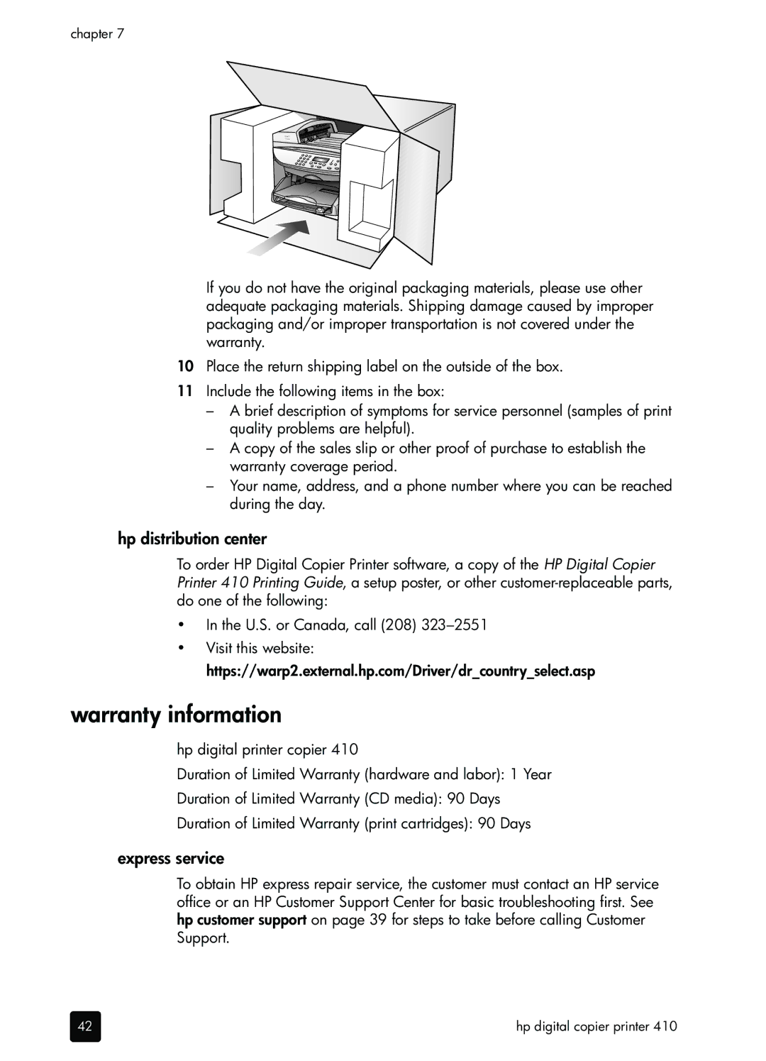 HP 410 Copier manual Warranty information, Hp distribution center, Express service 