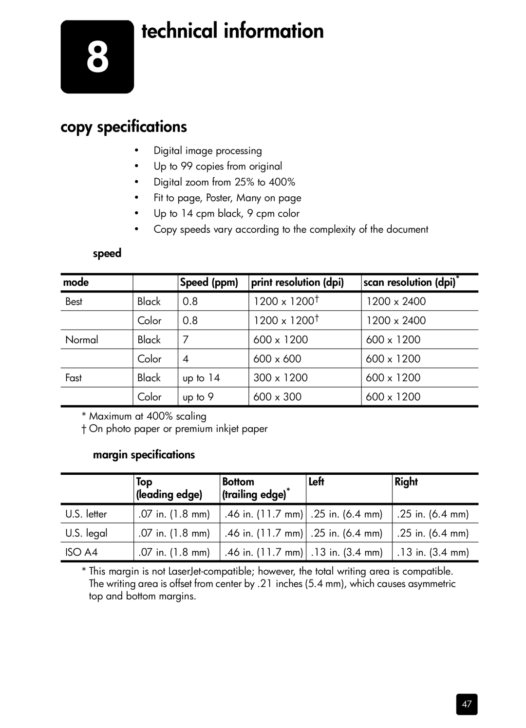 HP 410 Copier manual Technical information, Copy specifications, Top Bottom Left Right Leading edge Trailing edge 