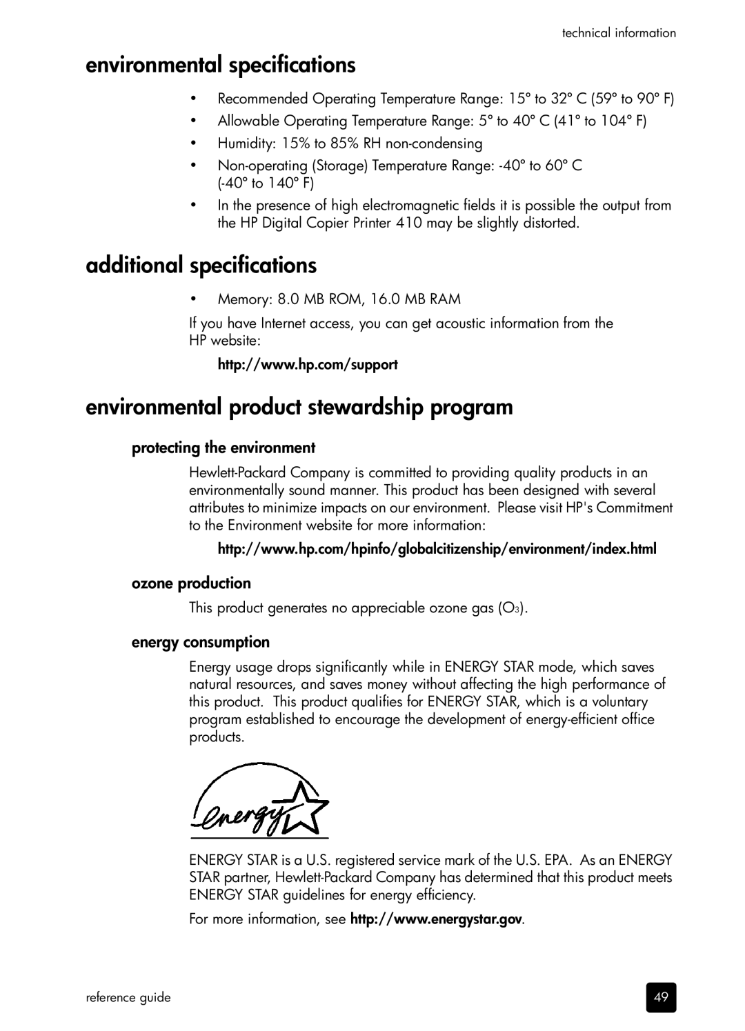 HP 410 Copier manual Environmental specifications, Additional specifications, Environmental product stewardship program 