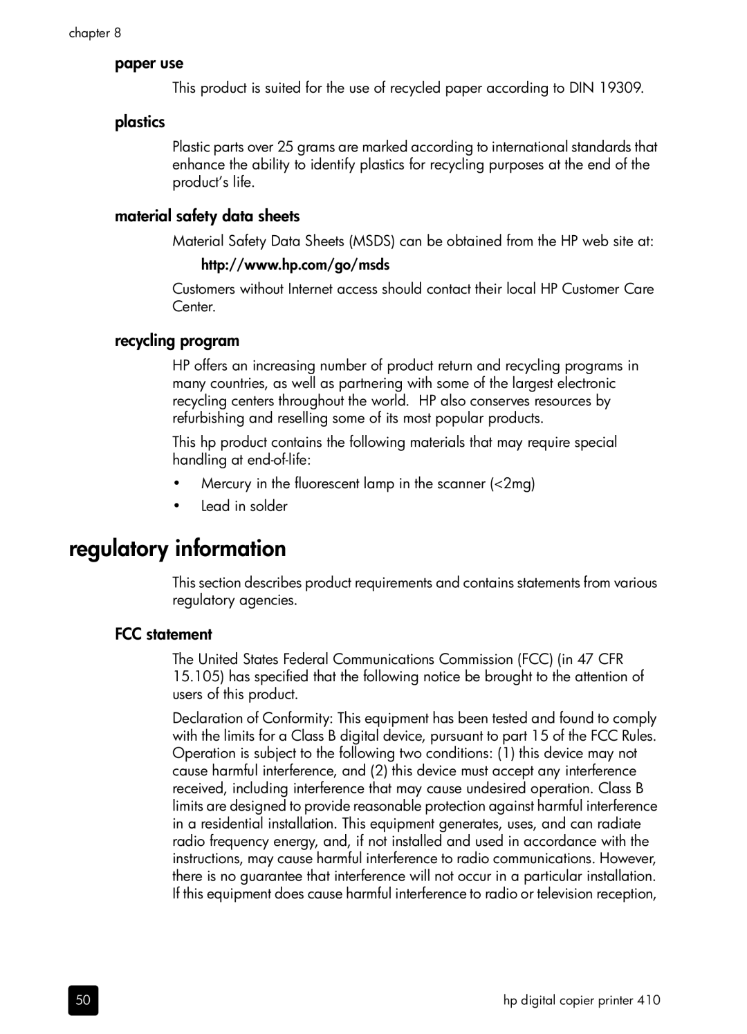 HP 410 Copier manual Regulatory information 