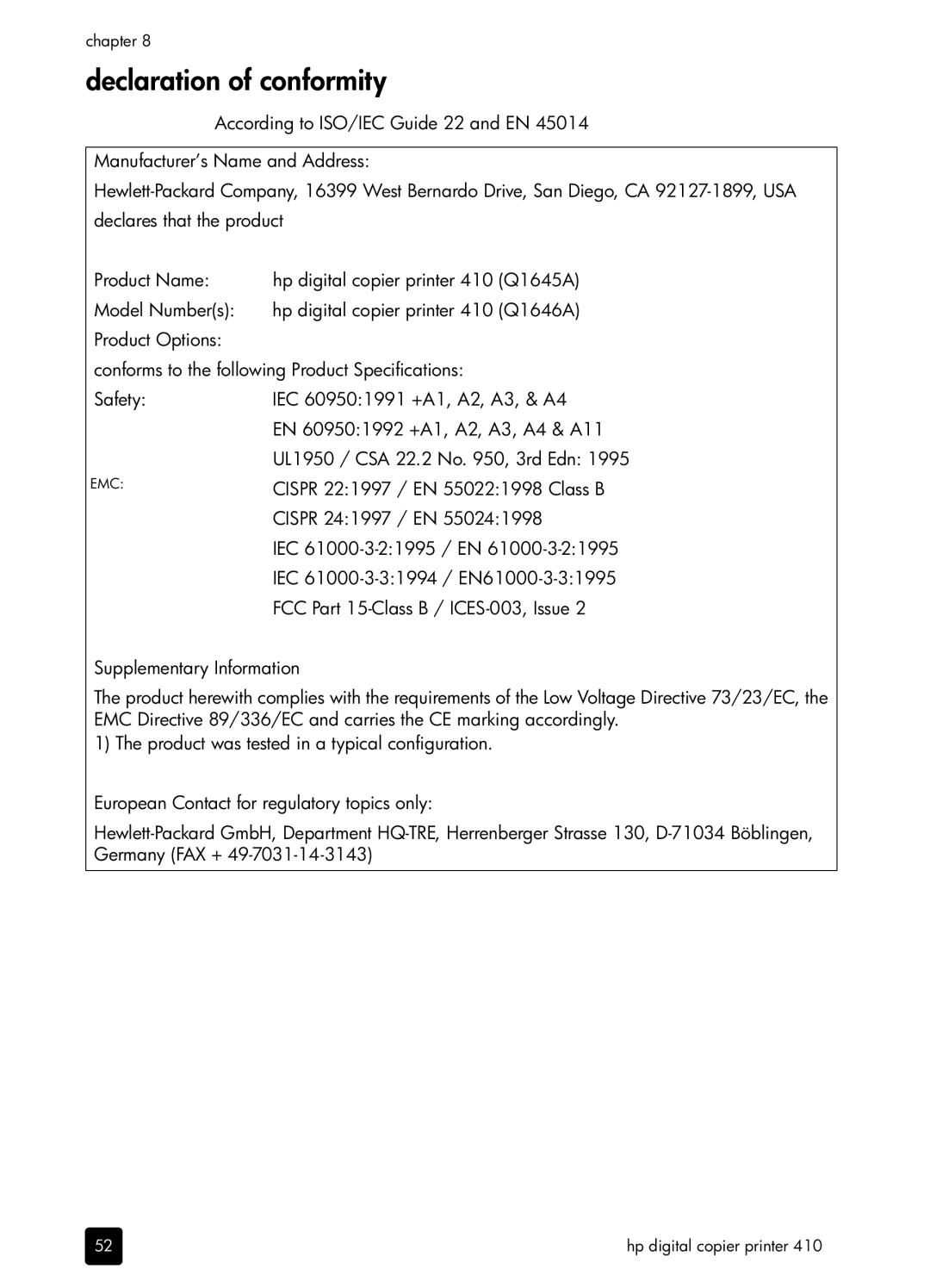 HP 410 Copier manual Declaration of conformity 