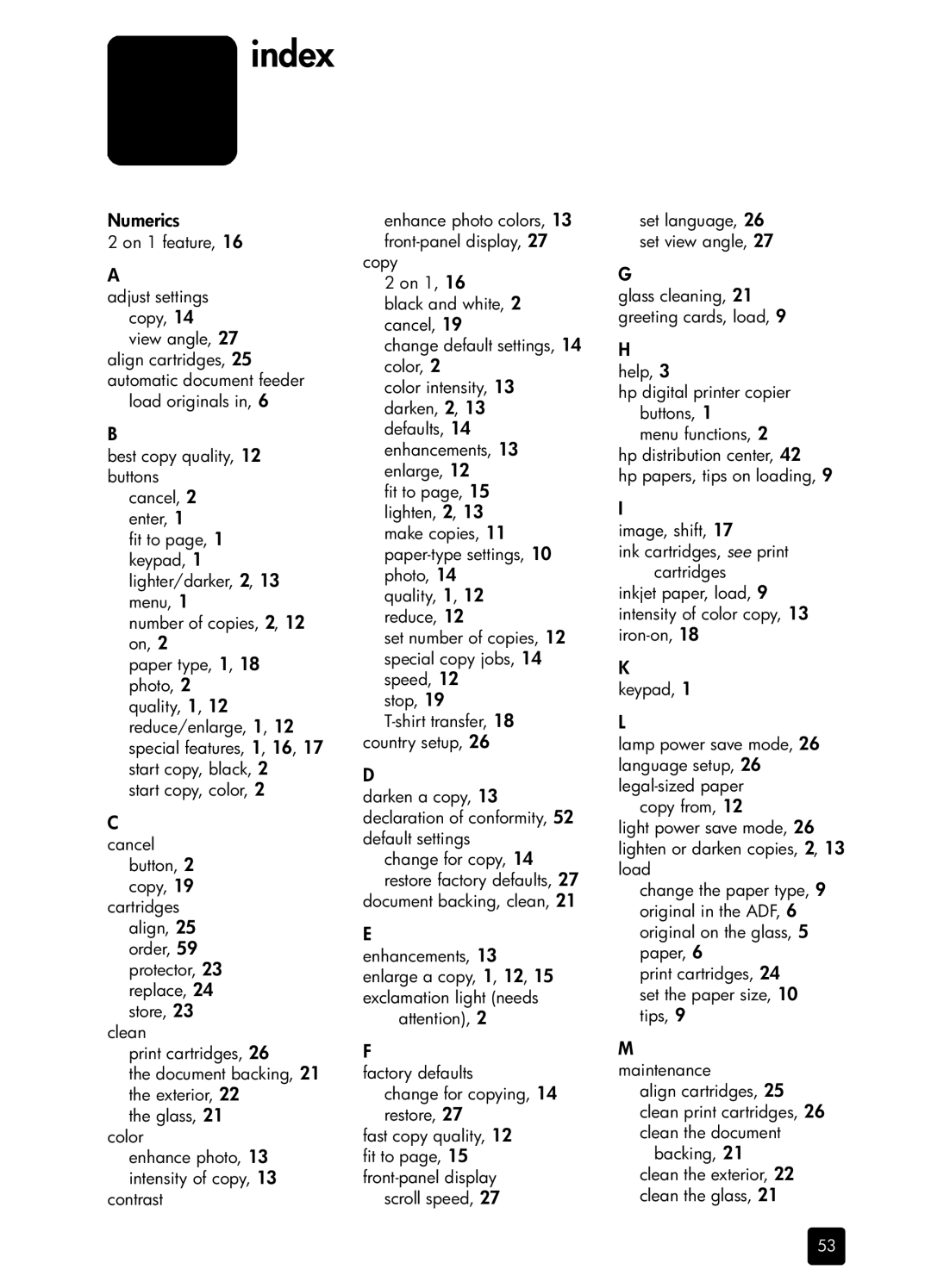 HP 410 Copier manual Index, Numerics 