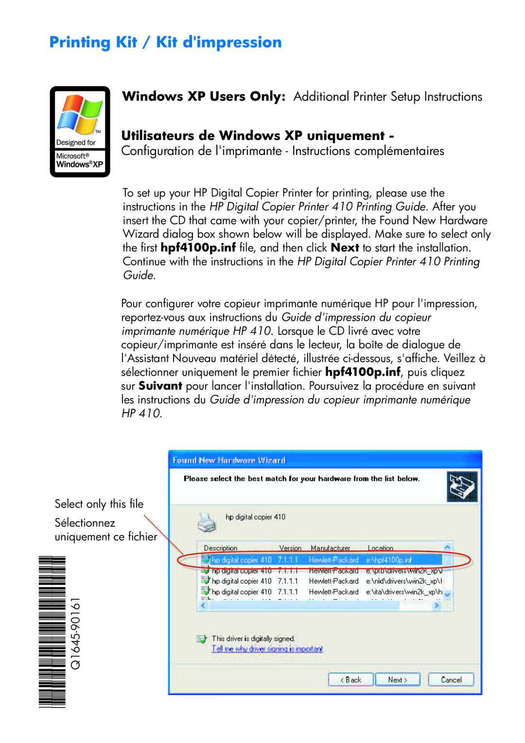 HP 410 manual Printing Kit / Kit dimpression, Windows XP Users Only Additional Printer Setup Instructions 