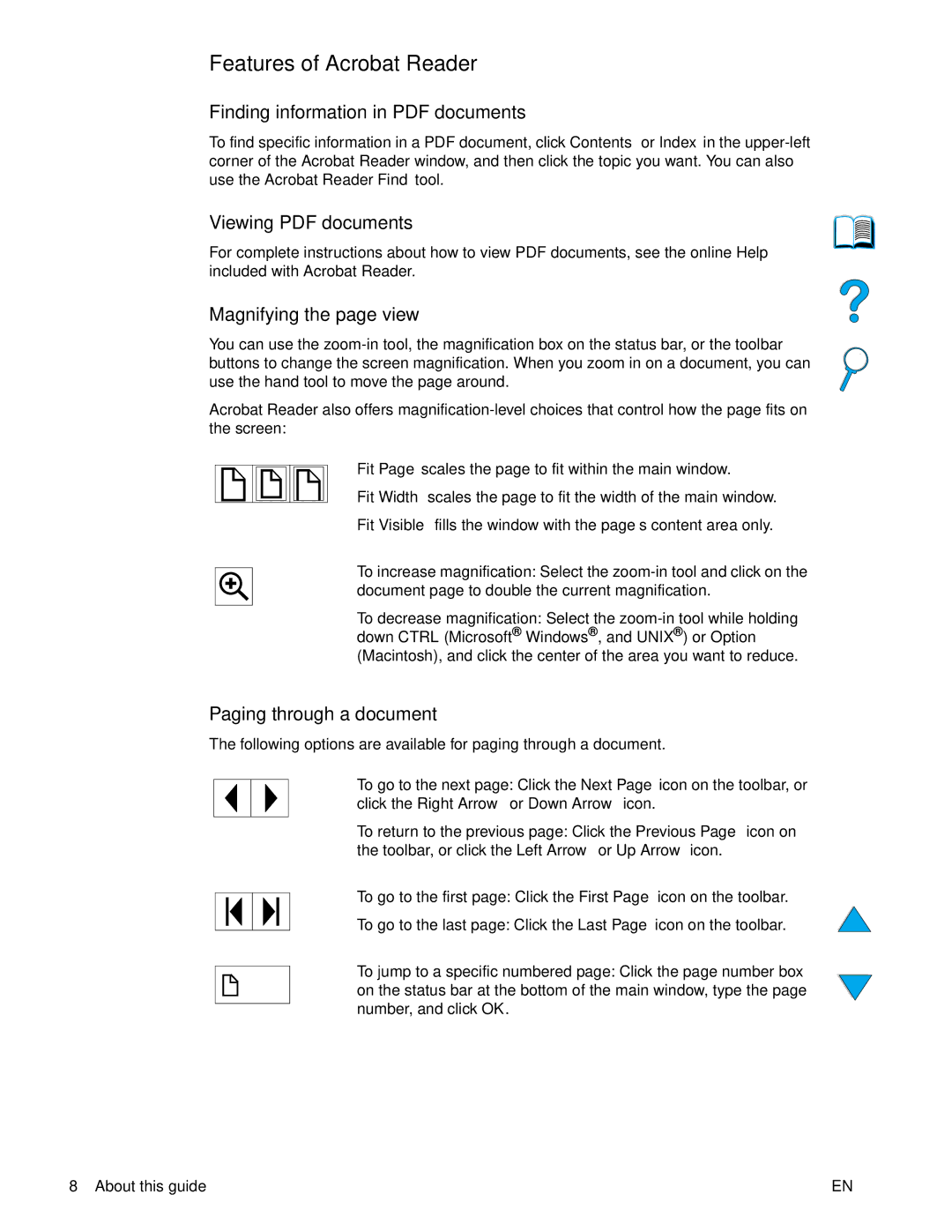 HP 4100 mfp manual Features of Acrobat Reader, Magnifying the page view, Paging through a document 