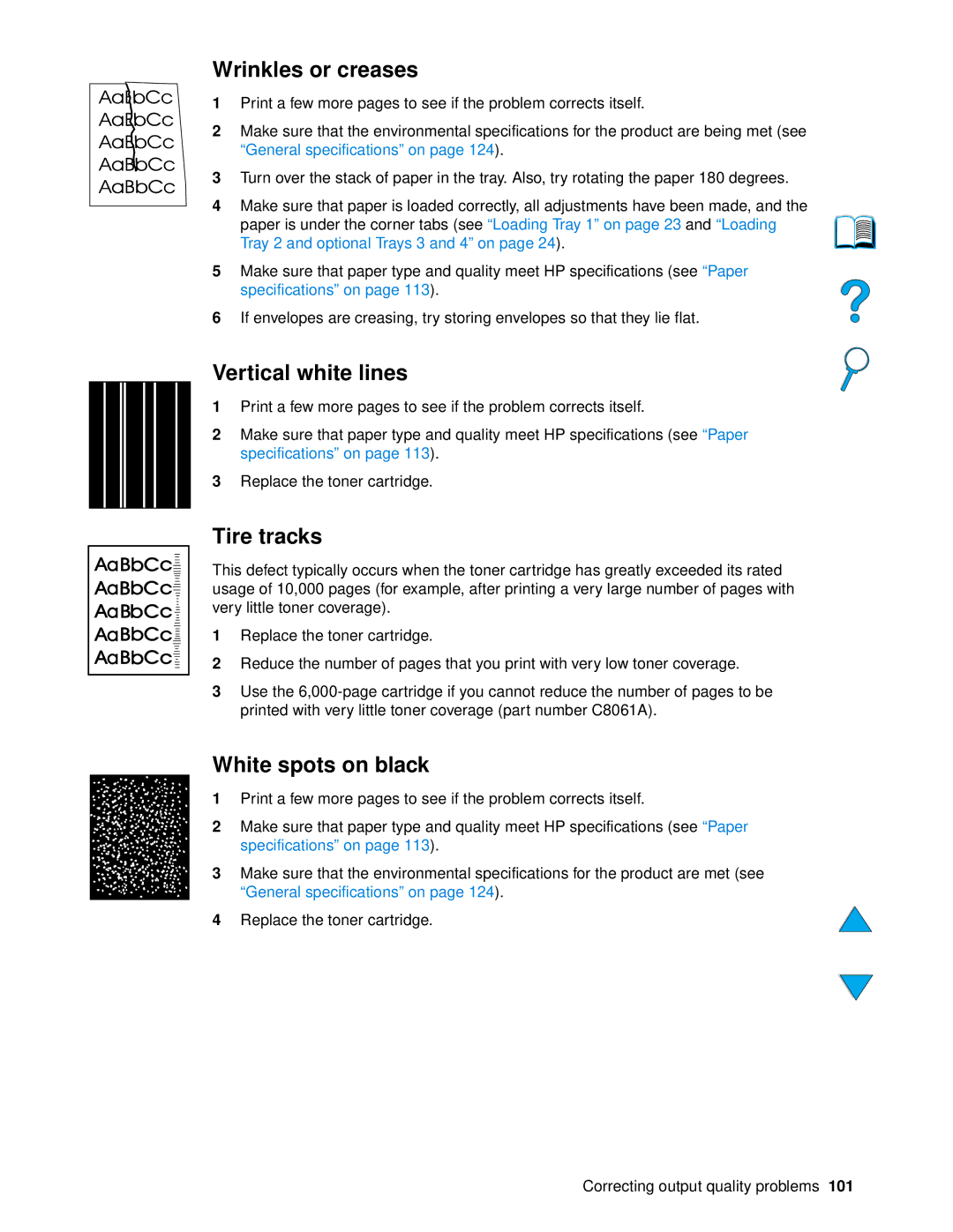 HP 4100 mfp manual Wrinkles or creases, Vertical white lines, Tire tracks, White spots on black 